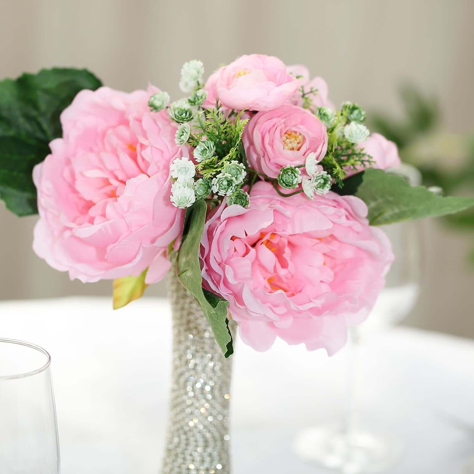 12" Pink Artificial Silk Peonies Bouquet, Faux Peony Spray Bush