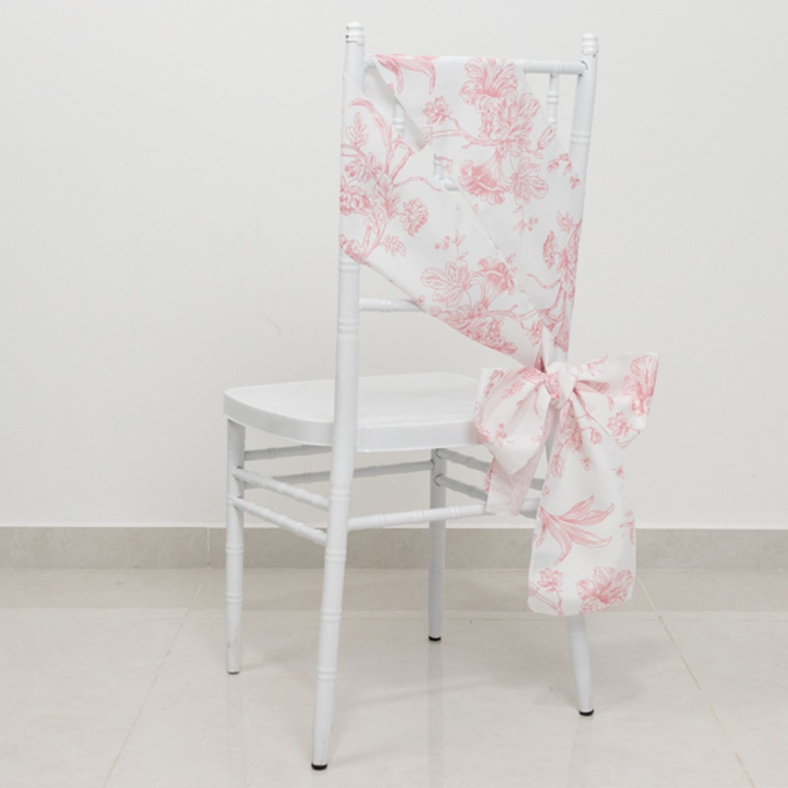 Polyester Chair Sashes White/Pink French Toile Floral Design - Wrinkle-Resistant & Durable Chair Bows 6"x108"