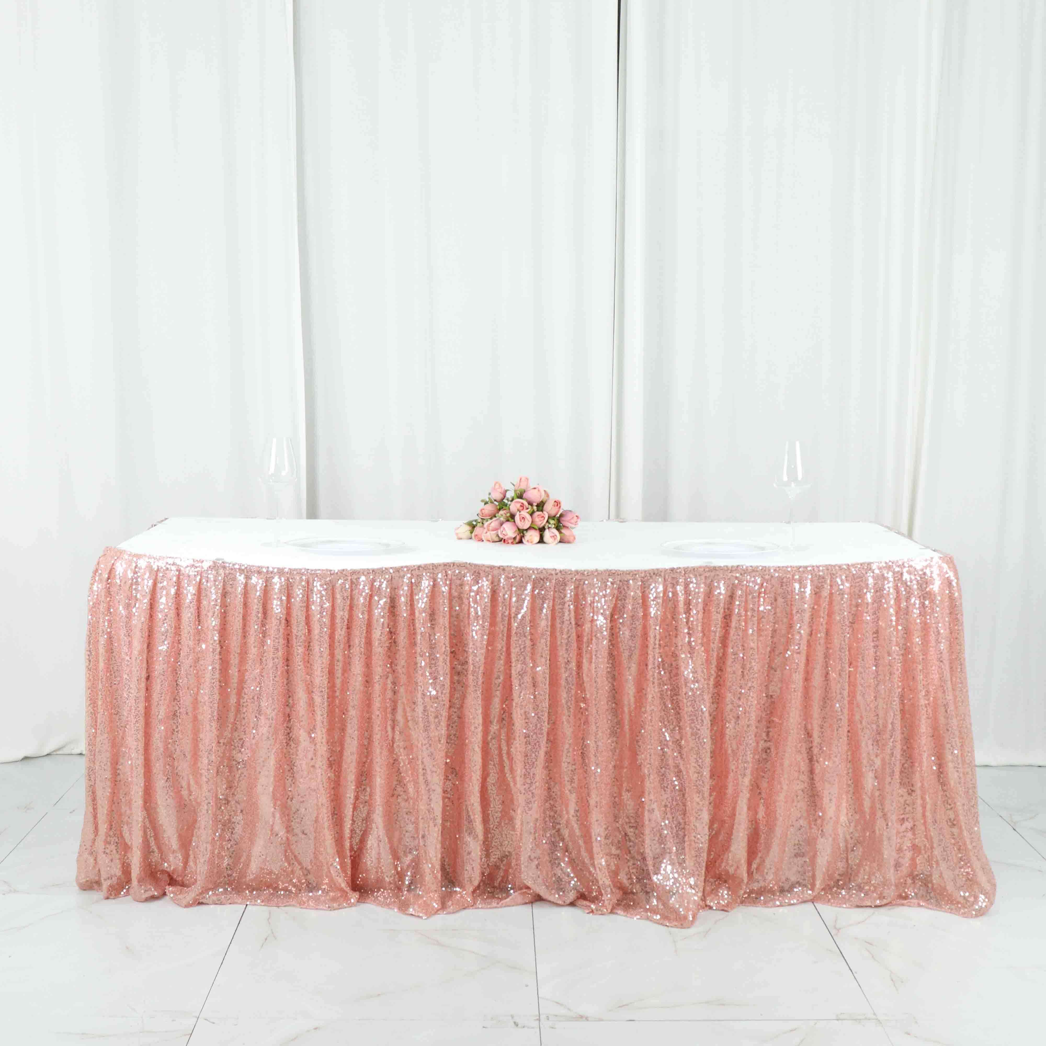 Sequin 17ft Table Skirt Rose Gold - Pleated Satin With Top Velcro Strip