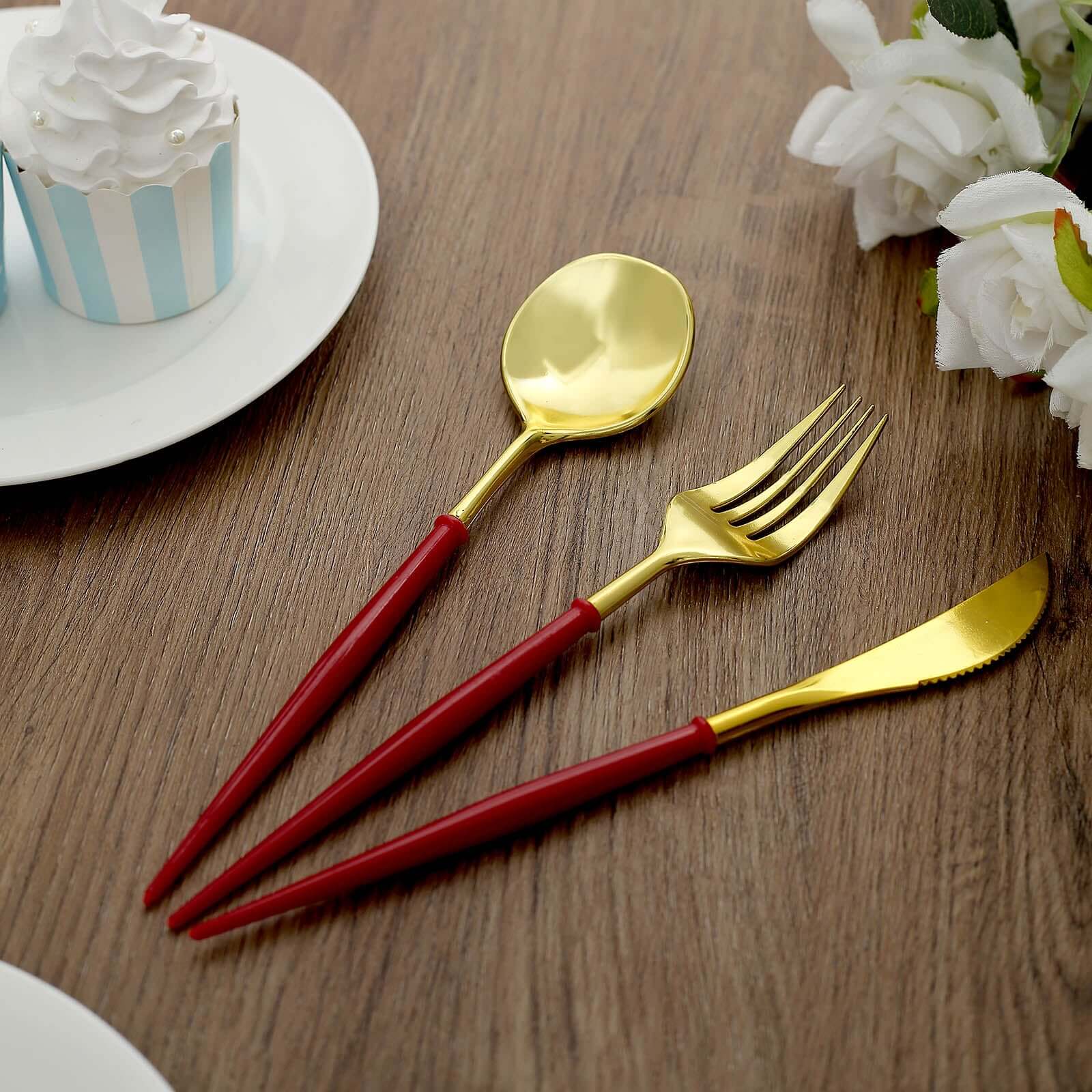 24-Pack Plastic Flatware Set in Metallic Gold with Red Handle - Heavy Duty Disposable Modern Silverware 8"