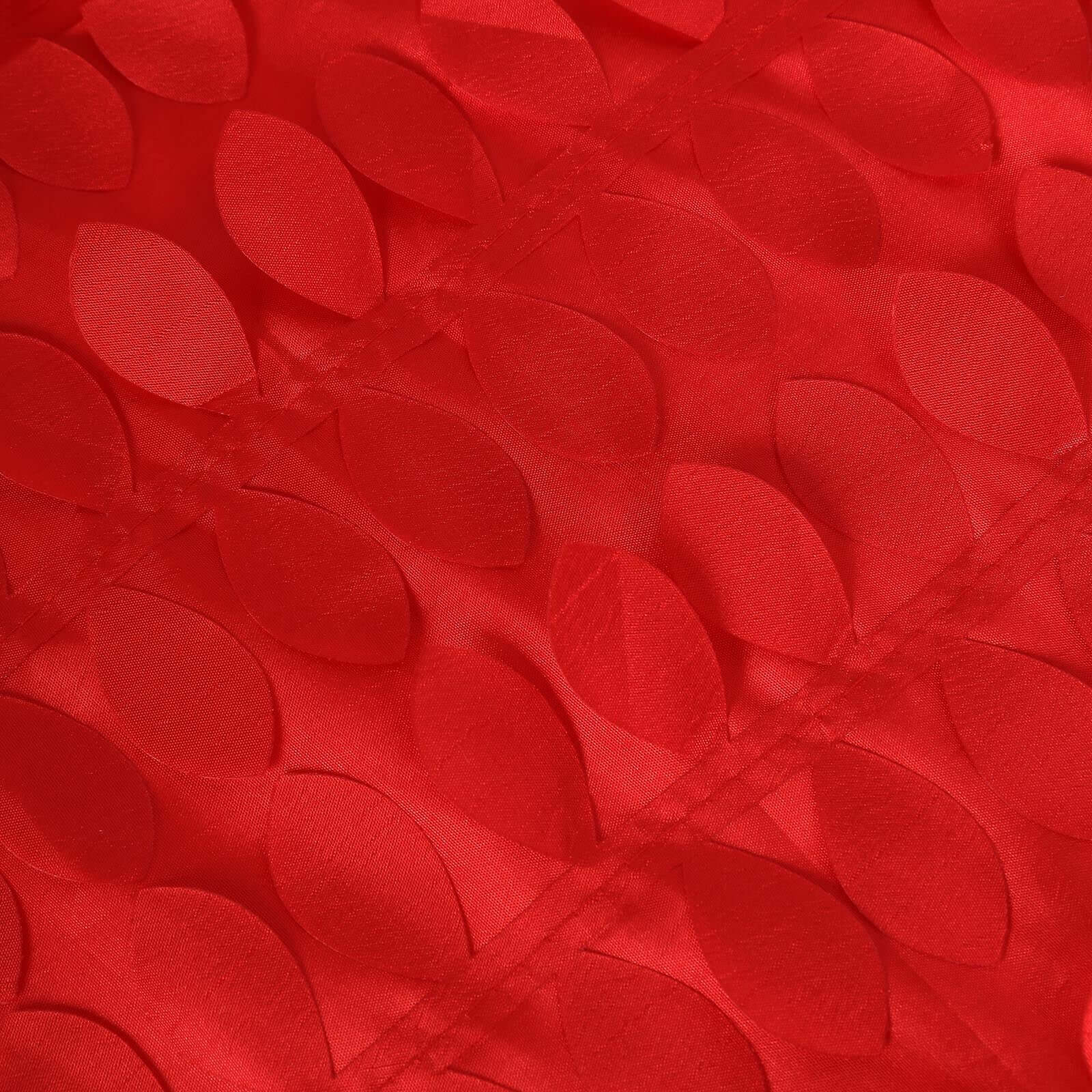 120" Red 3D Leaf Petal Taffeta Fabric Seamless Round Tablecloth for 5 Foot Table With Floor-Length Drop