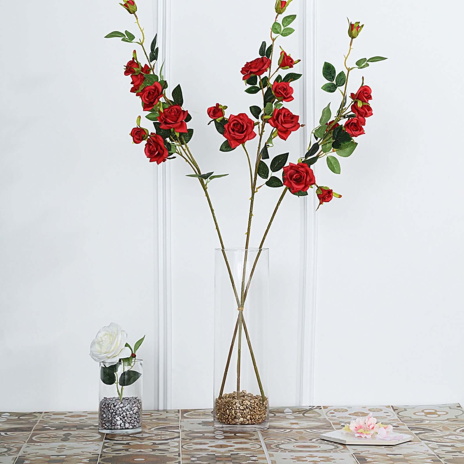 2 Stems 38" Tall Artificial Red Rose Bouquet, Realistic Silk Flower Arrangements
