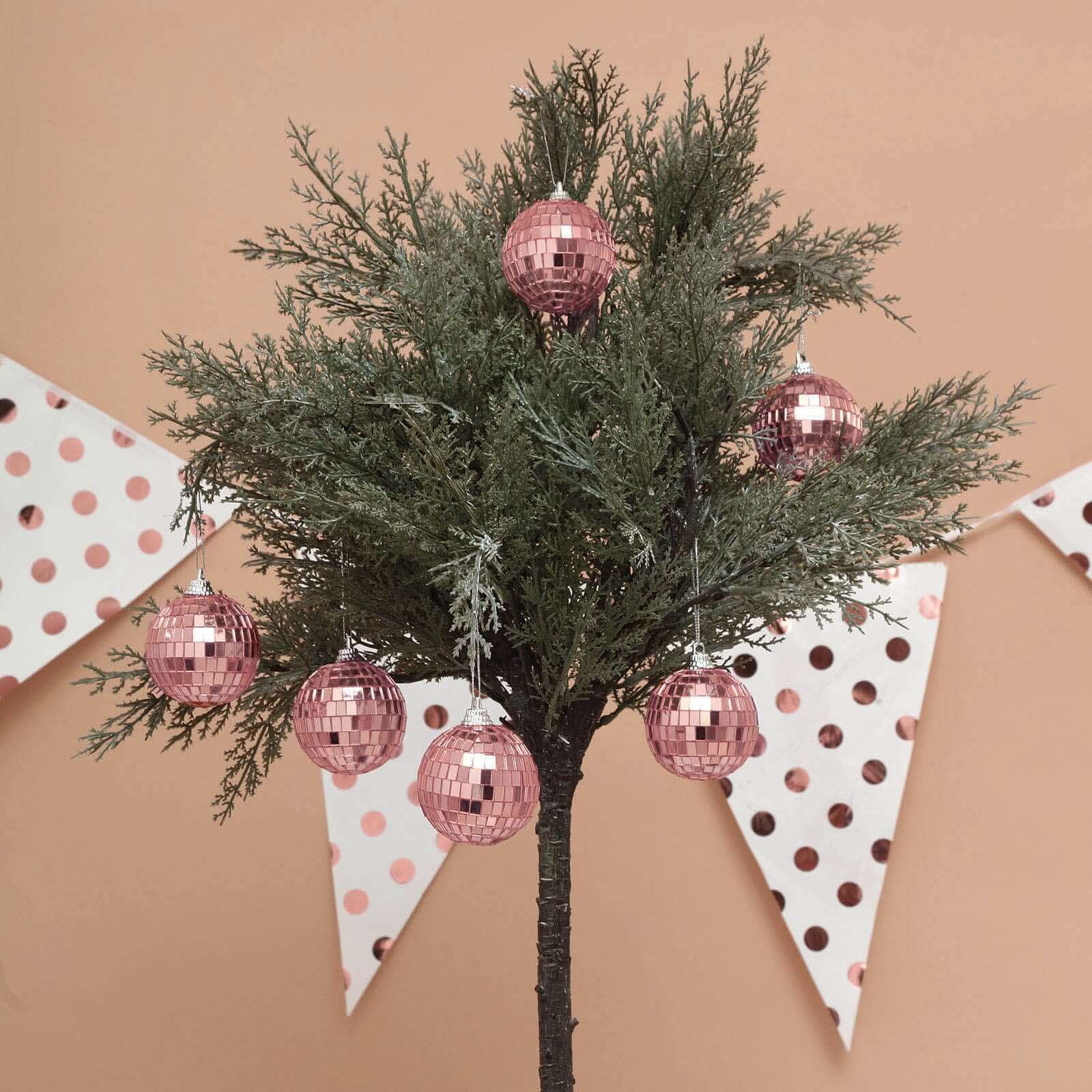 6 Pack 2" Rose Gold Foam Disco Mirror Ball With Hanging Strings, Holiday Christmas Ornaments