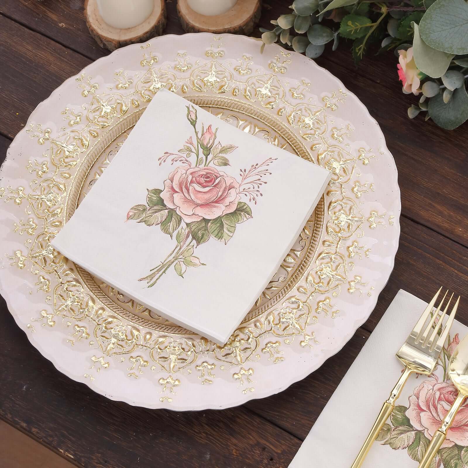 50-Pack Paper Beverage Napkins with Pink Floral Design Ivory - 2 Ply Soft 18GSM Rose Garden Wedding Napkins 6.5"x6.5"