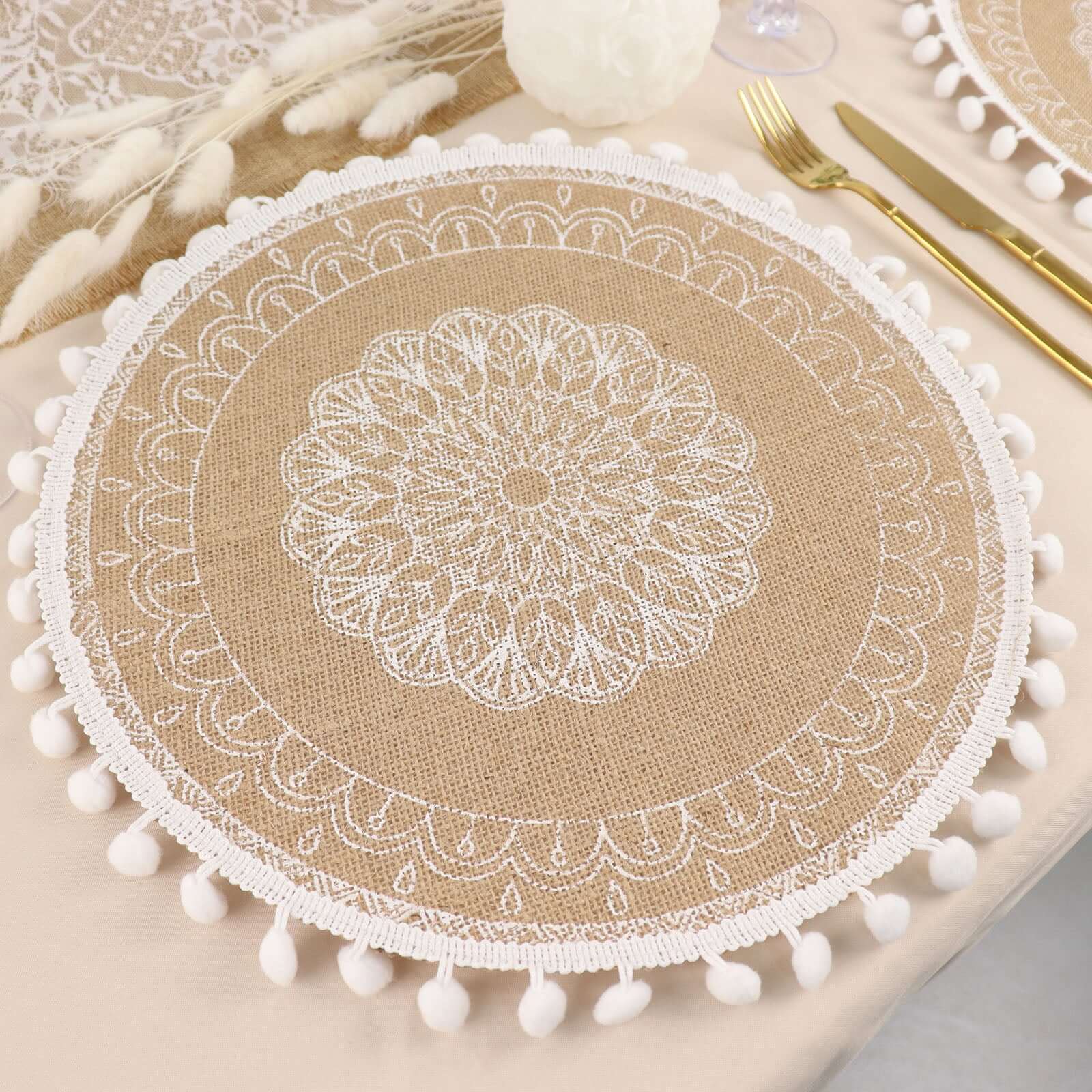 4-Pack Placemats Embroidery Mandala Print Design Natural Jute and White Round - Rustic Burlap Tassel Style with Beaded Trim 15"