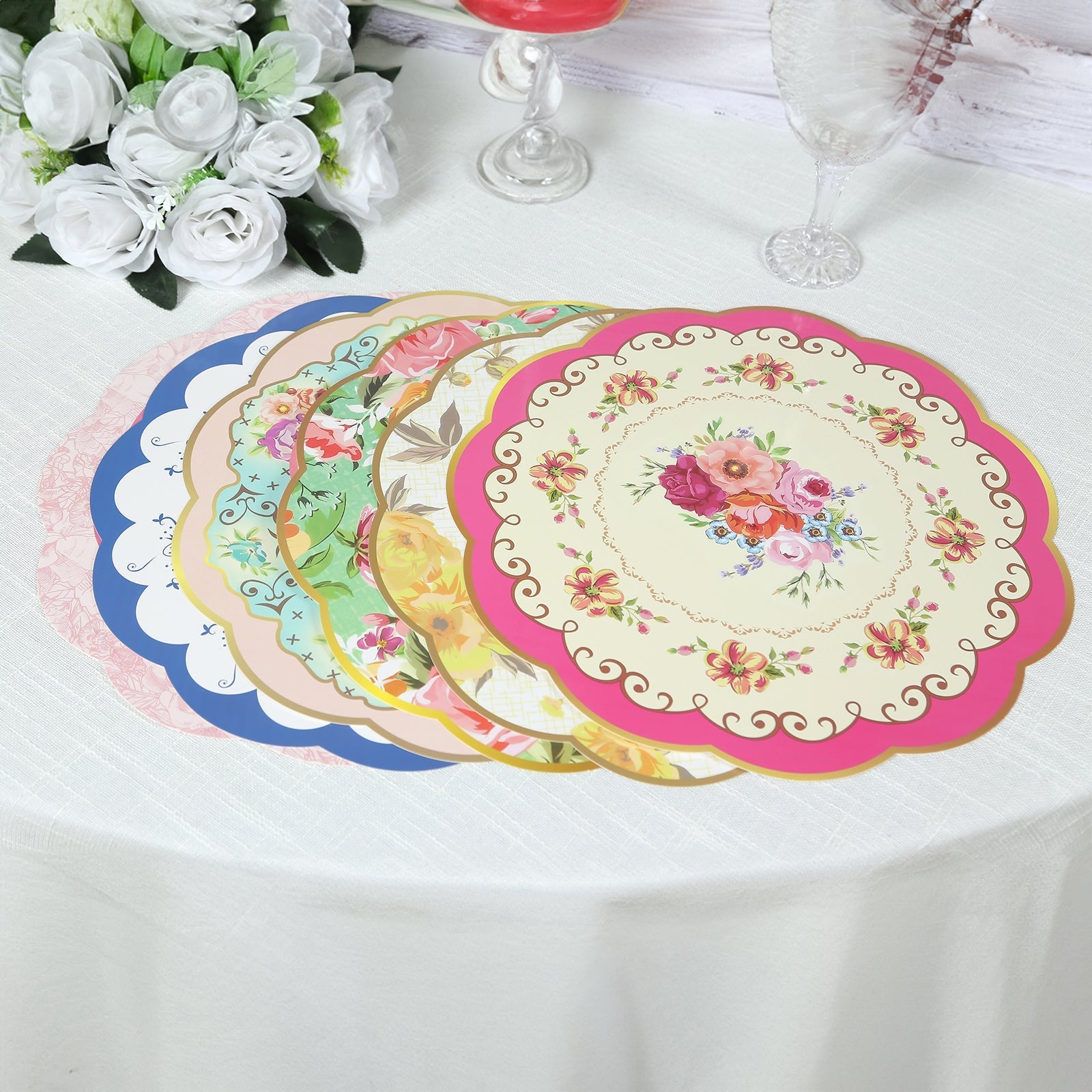 24-Pack Disposable Table Placemats in Assorted Floral Designs with Scalloped Rim - 400GSM Cardboard Placemats for Tea Party & Garden Themes 13"