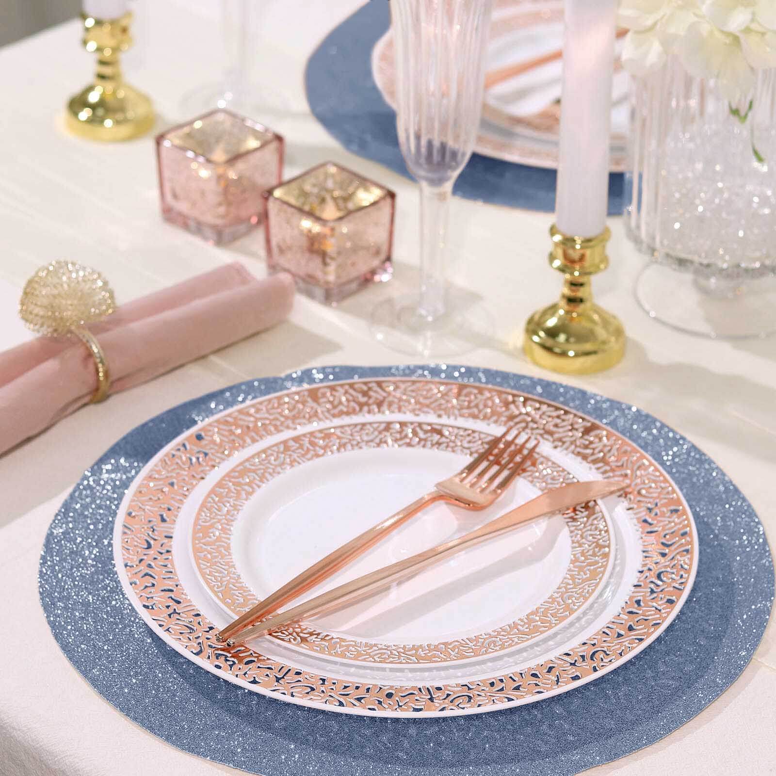 6-Pack Placemats Glitter Design Dusty Blue Sparkle Round - Non-Slip Decorative Dining Table Mats 13"