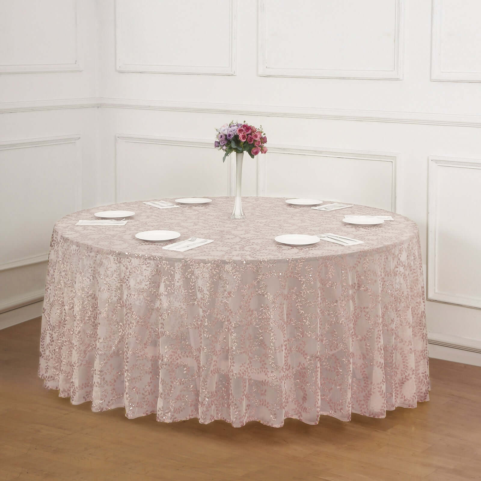Tulle 120" Round Tablecloth Rose Gold - Seamless Sequin Leaf Embroidered Table Cover