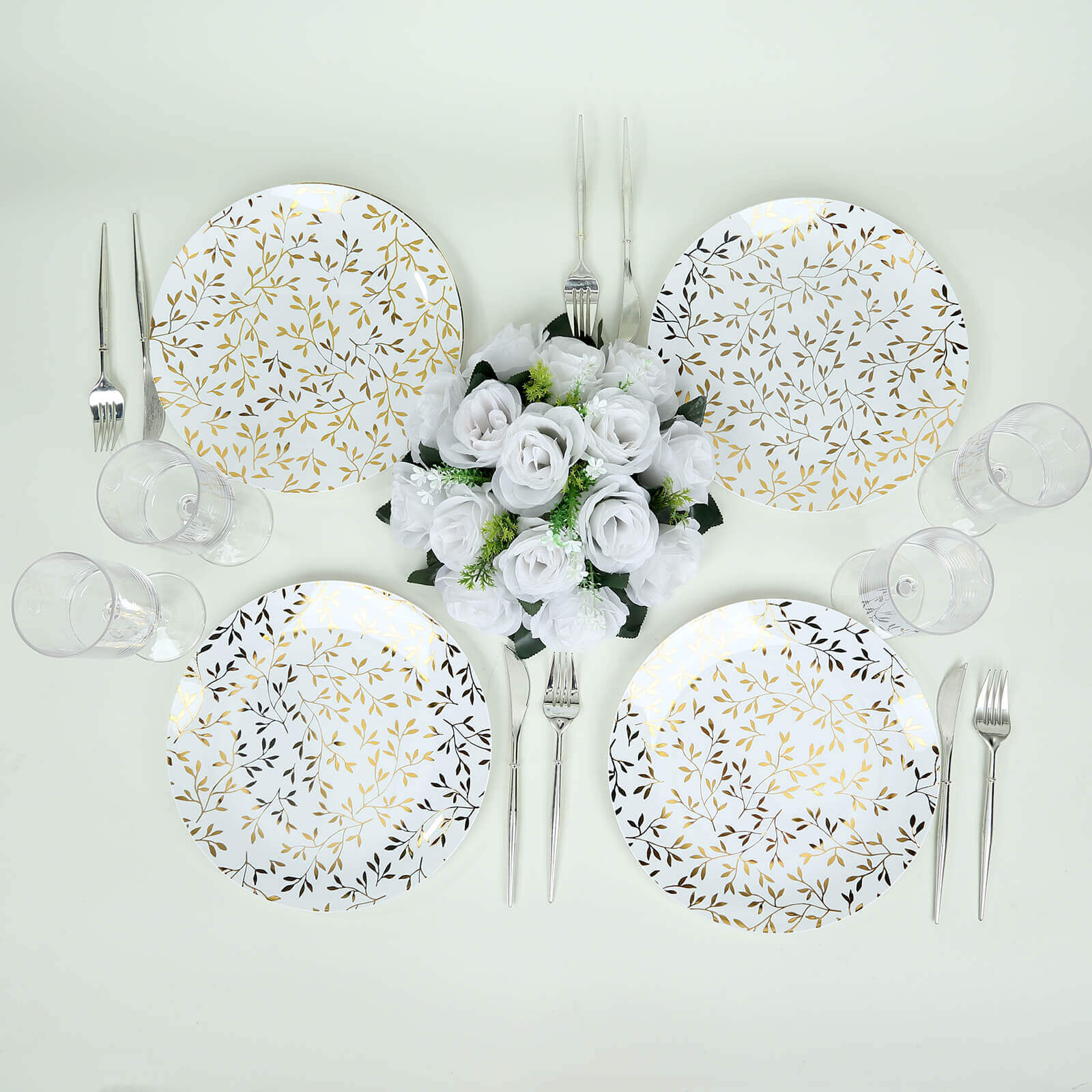 10-Pack Plastic 8" Round Salad Dessert Plates in White with Gold Leaf Design - Heavy Duty Disposable Party Plates for Stylish Events & Memorable Gatherings