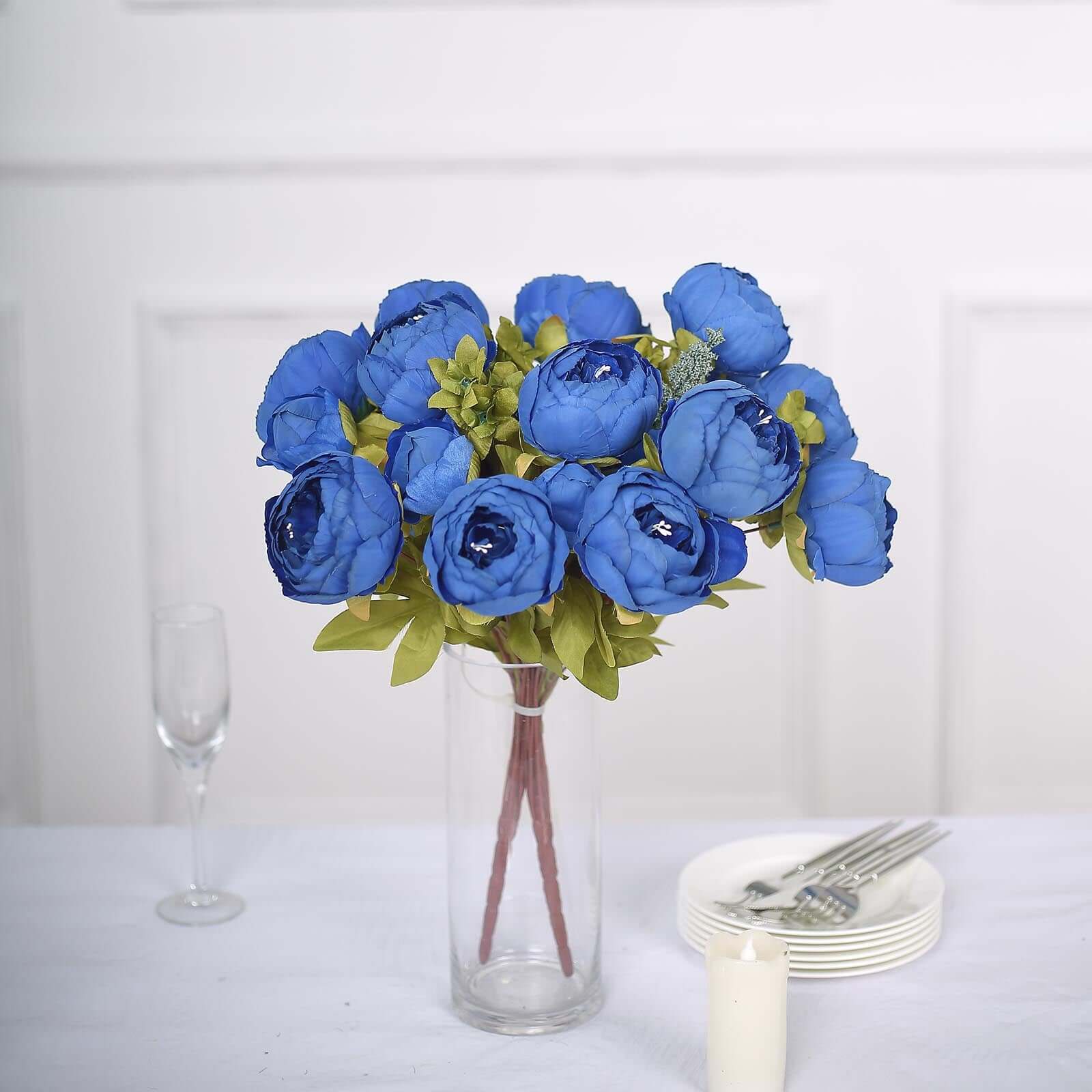 2 Pack 19" Royal Blue Artificial Peony Flower Wedding Bouquets, Faux Silk Flower Arrangements