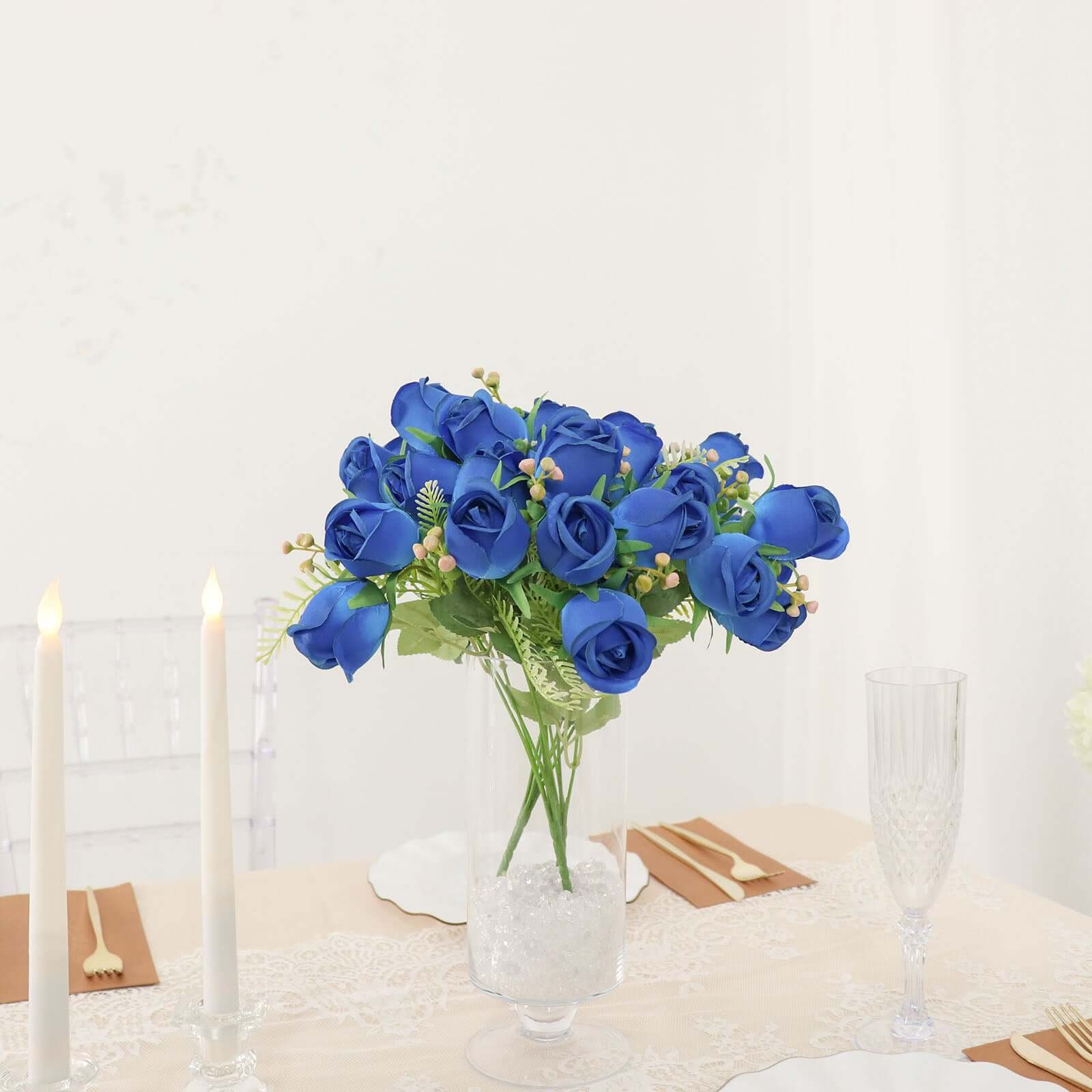 3 Pack 13" Royal Blue Real Touch Silk Rose Bud Flower Bridal Bouquets, Artificial Floral Bush Arrangements