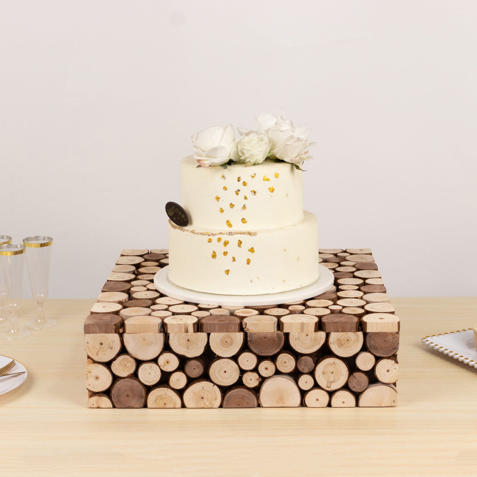 Wooden Cake Stand 18"x18" Square Design Rustic Natural Slices - Farmhouse Display Box Pedestal Riser