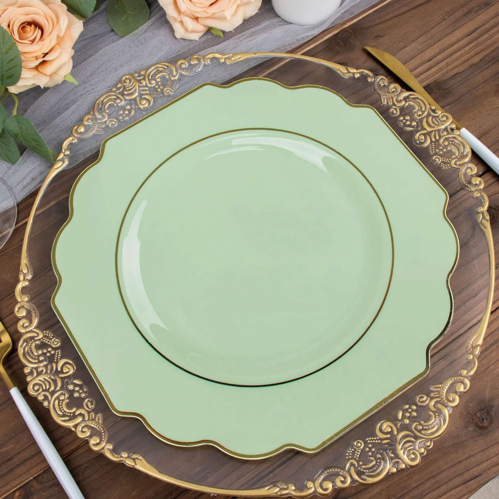 10-Pack Plastic Dinner Plates in Sage Green Baroque Design with Scalloped Gold Rim - Heavy Duty Disposable Party Plates 11"