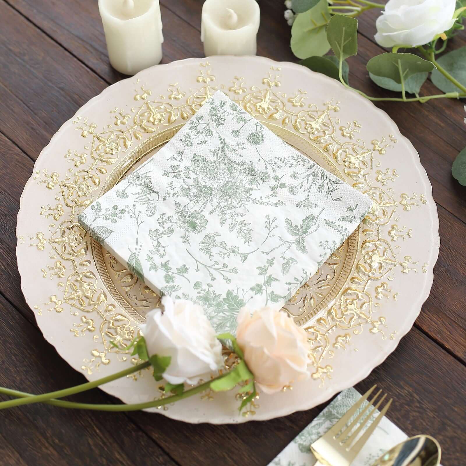 20-Pack Paper Cocktail Napkins with French Toile Print White/Sage Green - Disposable 2 Ply Beverage Napkins for Events 5"x5"