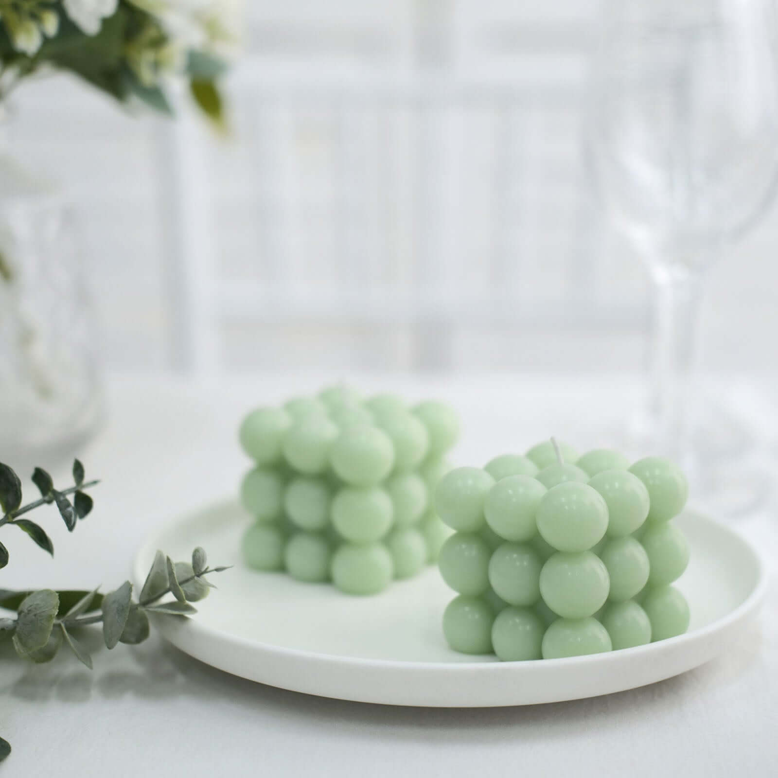 2-Pack Decorative Paraffin Wax Candles Bubble Cube Design Sage Green - Unscented Long Burning Pillar Candle Set 2"