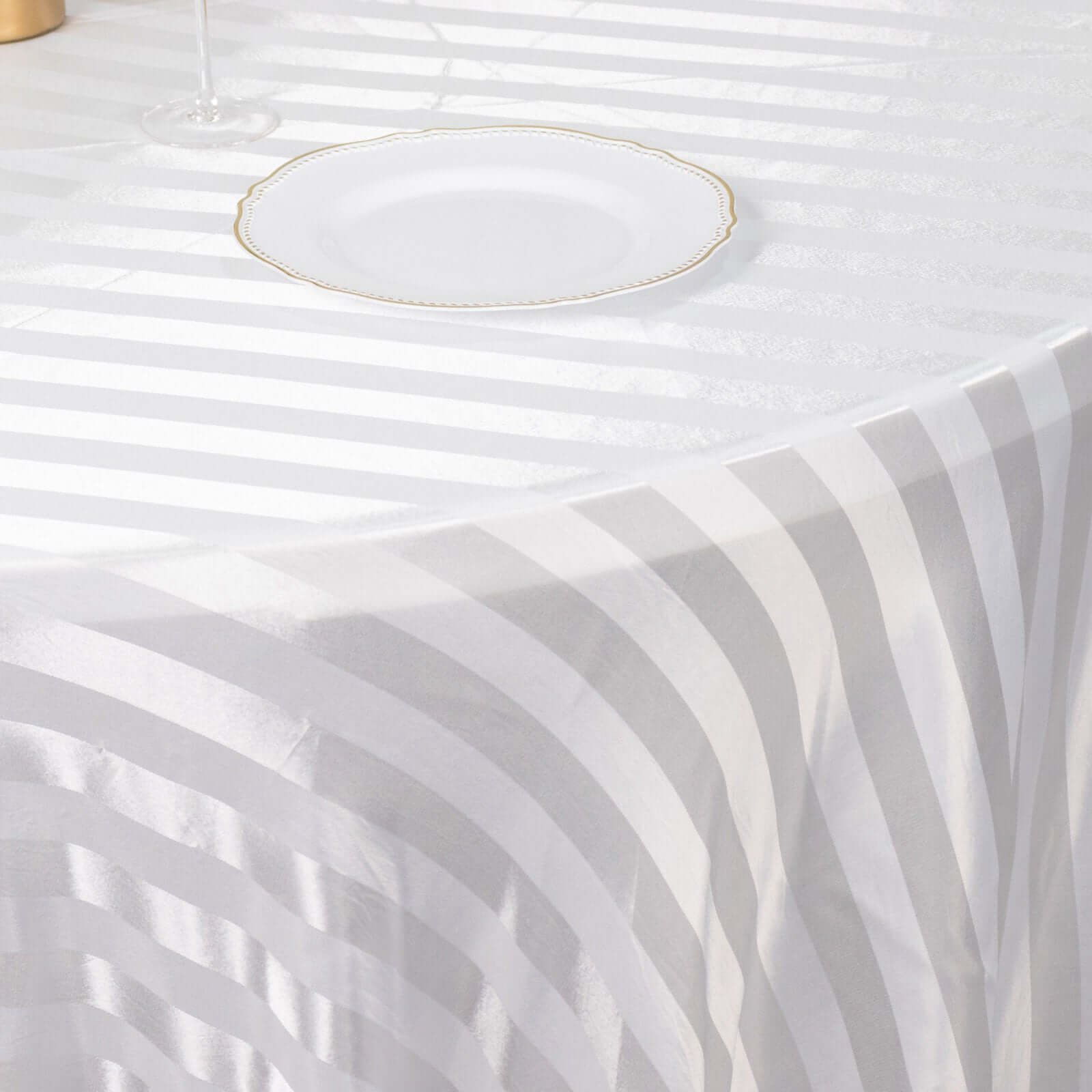 Satin Striped 120" Round Tablecloth White Satin Stripe - Silky Smooth Seamless Wedding Decor