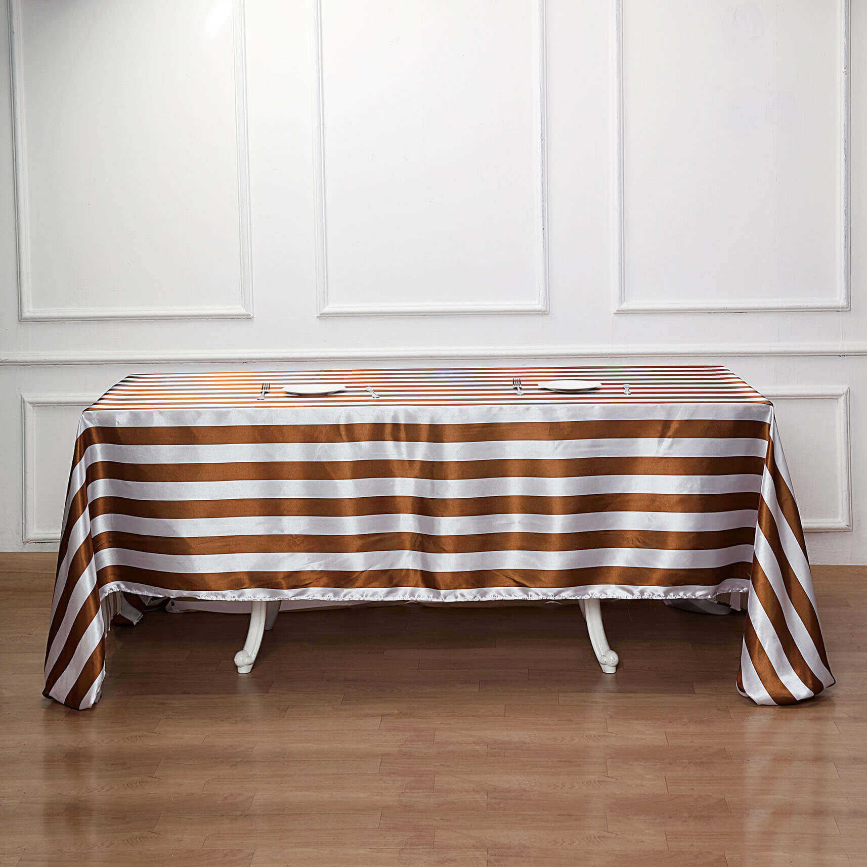 Satin 90"x156" Rectangle Tablecloth Gold/White - Stripe Design with Seamless Finish Table Cover