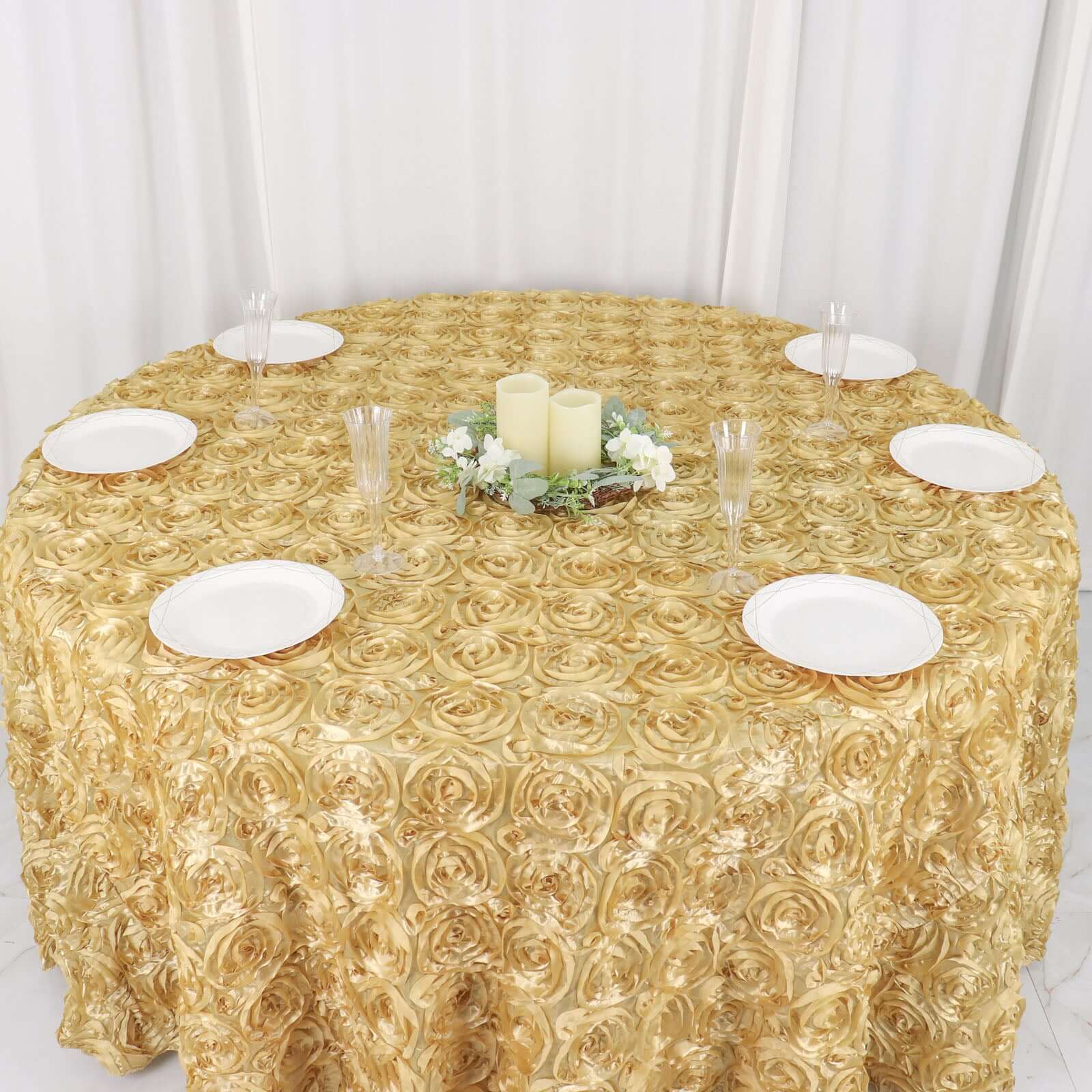 Satin 120" Round Tablecloth Champagne - Grandiose 3D Rosette with Seamless Finish Table Cover