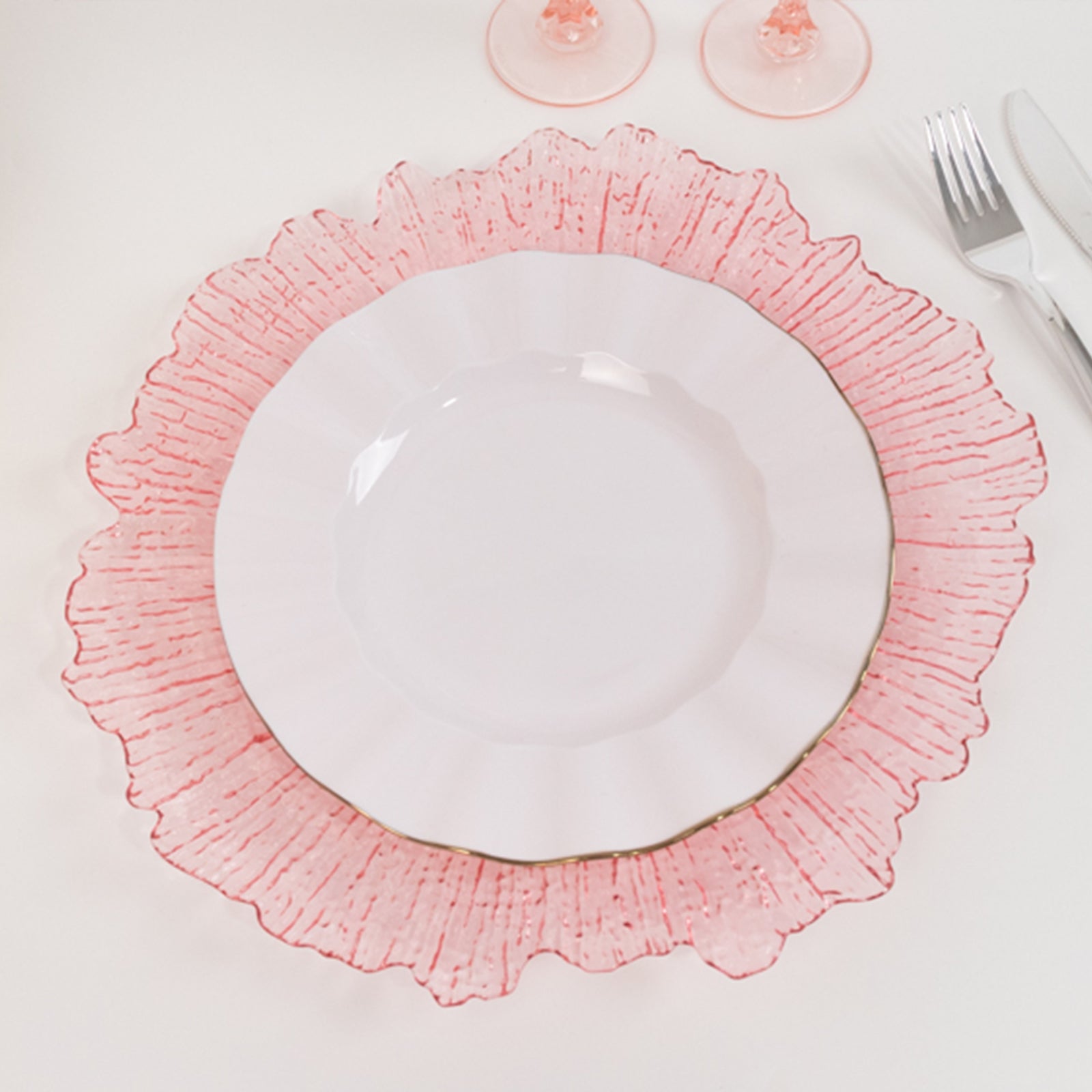 6-Pack Acrylic Plastic Round Charger Plates 13" in Transparent Blush with Reef Design, Dinner Charger Tableware