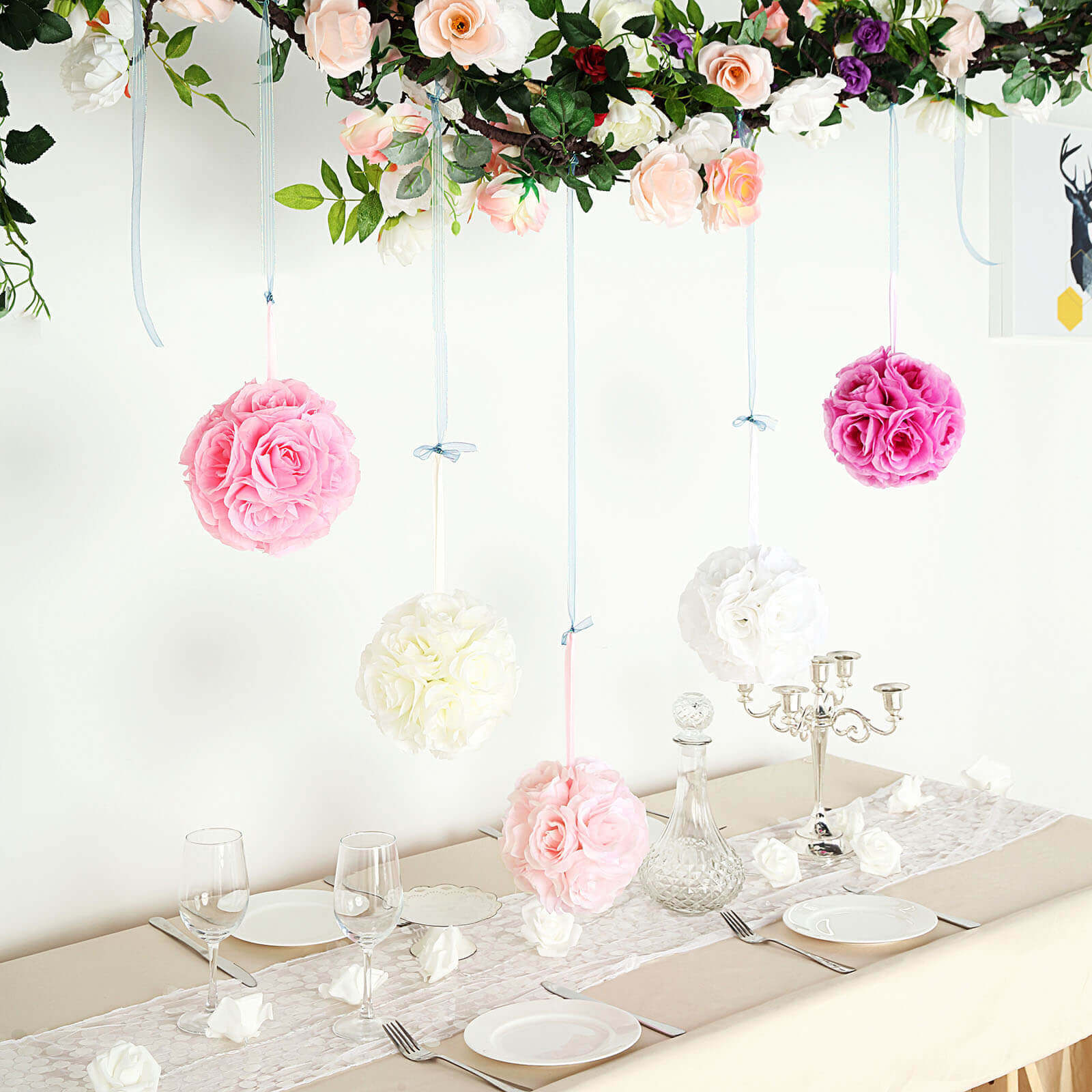 2 Pack 7" Blush Artificial Silk Rose Kissing Ball, Flower Ball