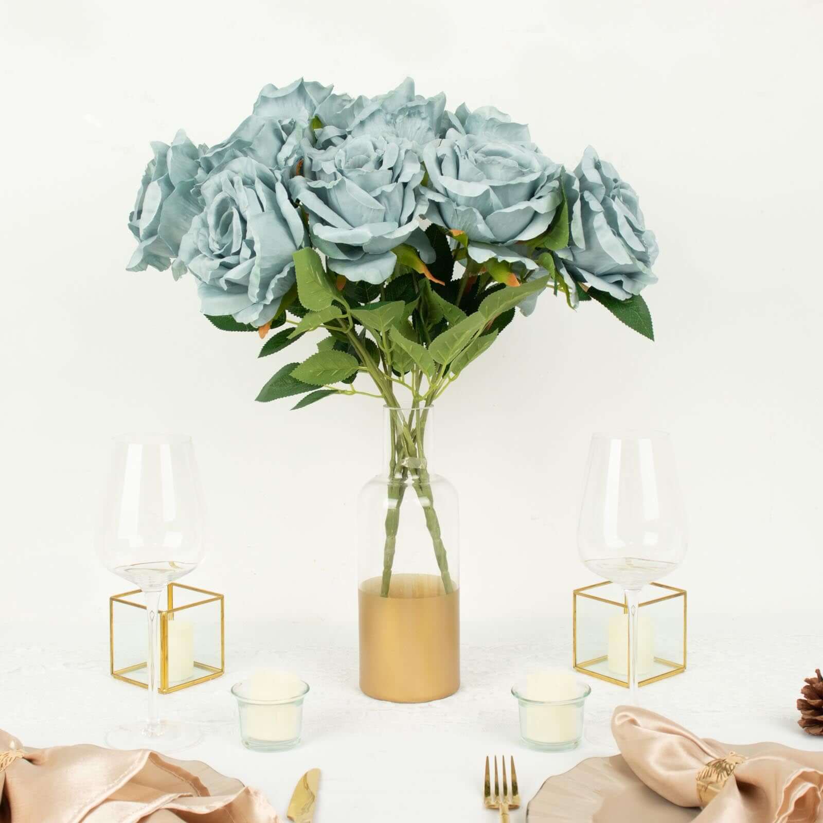 2 Bushes 17" Dusty Blue Premium Silk Jumbo Rose Flower Bouquet, High Quality Artificial Wedding Floral Arrangements