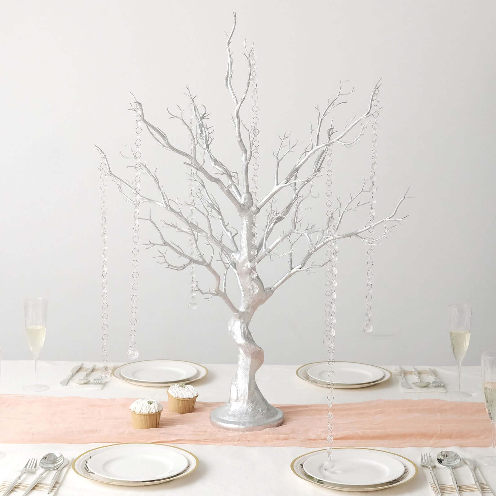 Manzanita Tree Centerpiece Metallic SIlver with 8 Acrylic Bead Chains - Easy Assembly Decorative Artificial Tree for Modern Weddings Parties & Event Displays 34"