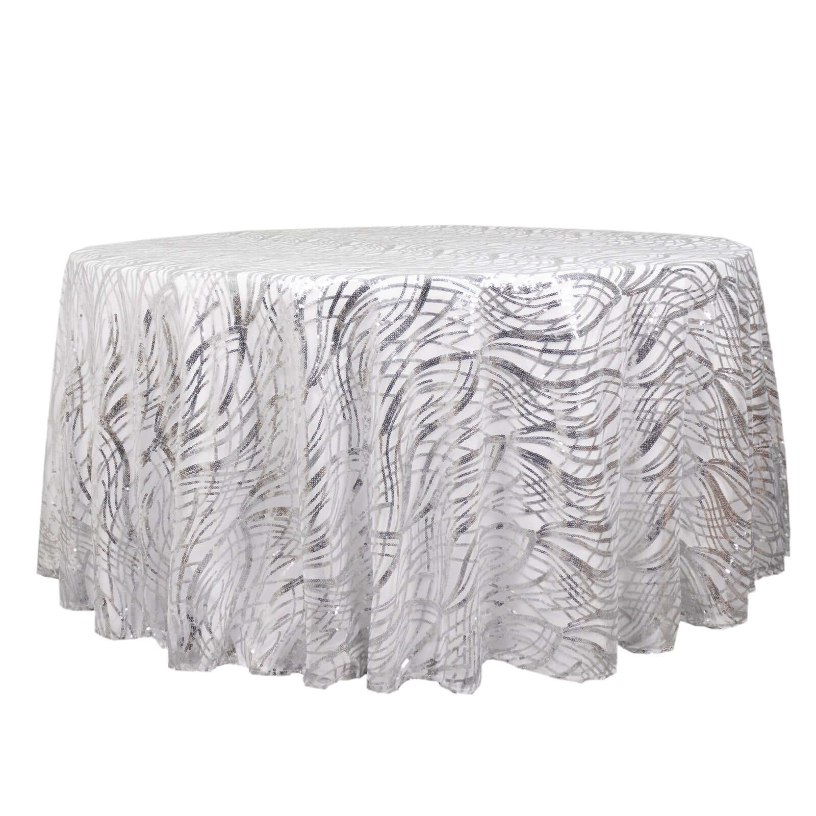 Sequin Mesh 120" Round Tablecloth Silver - Seamless Wave Embroidered Table Cover