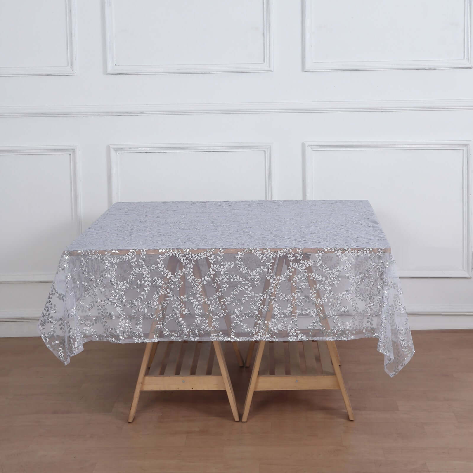 Tulle 72"x72" Table Overlay Square Tablecloth Silver - Sequin Leaf Embroidered Table Topper