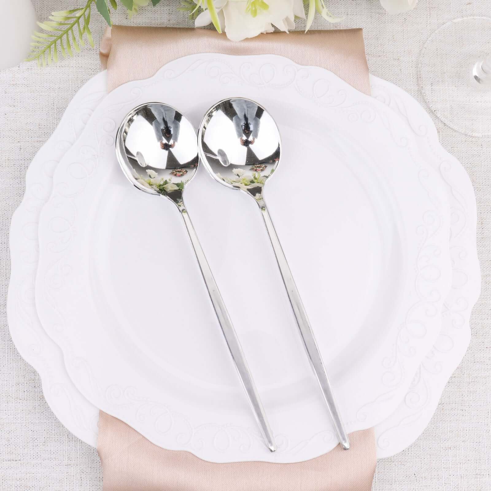 24-Pack Plastic Spoons Glossy Silver - Premium Heavy Duty Disposable Silverware 8"