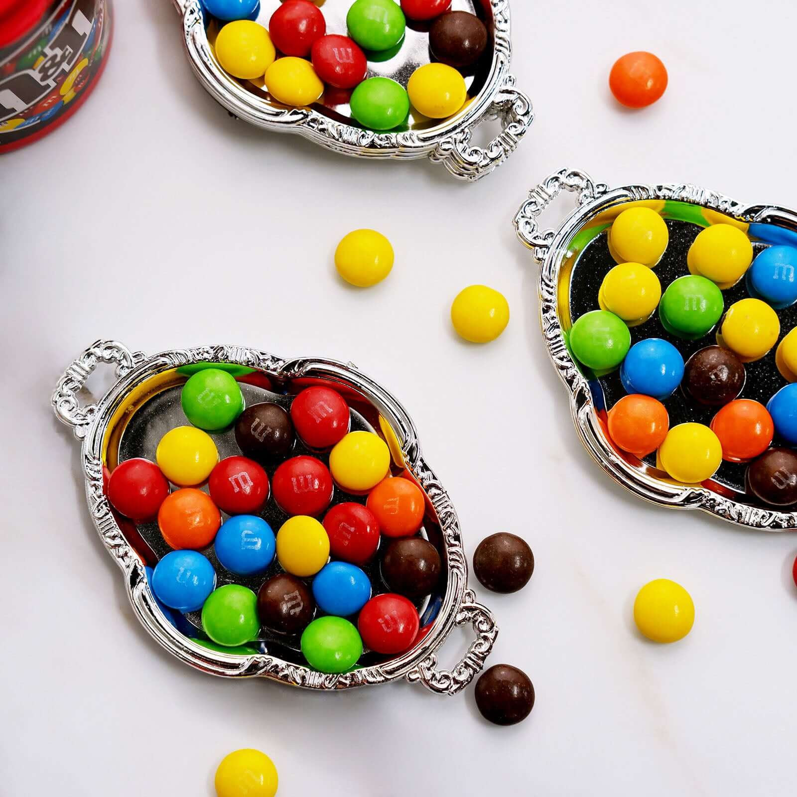 12-Pack Display Trays Party Favor Baroque Oval Design Silver - Mini Serving Platters for Sweets and Desserts 4.5"