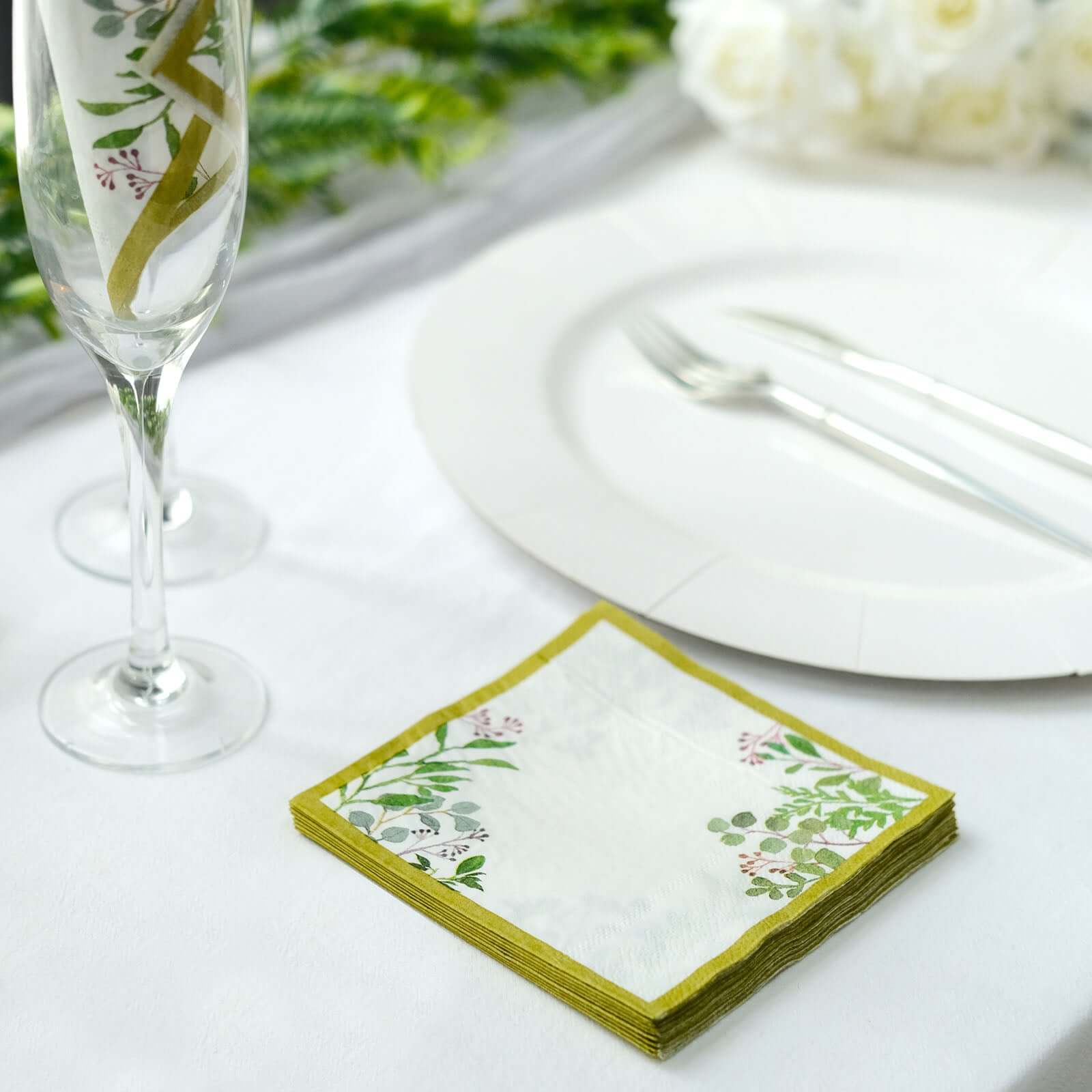 24-Pack Paper Dinner Napkins with Eucalyptus Design White Tropical Greenery 2 Ply - Soft 18GSM Wedding Cocktail Napkins 5"