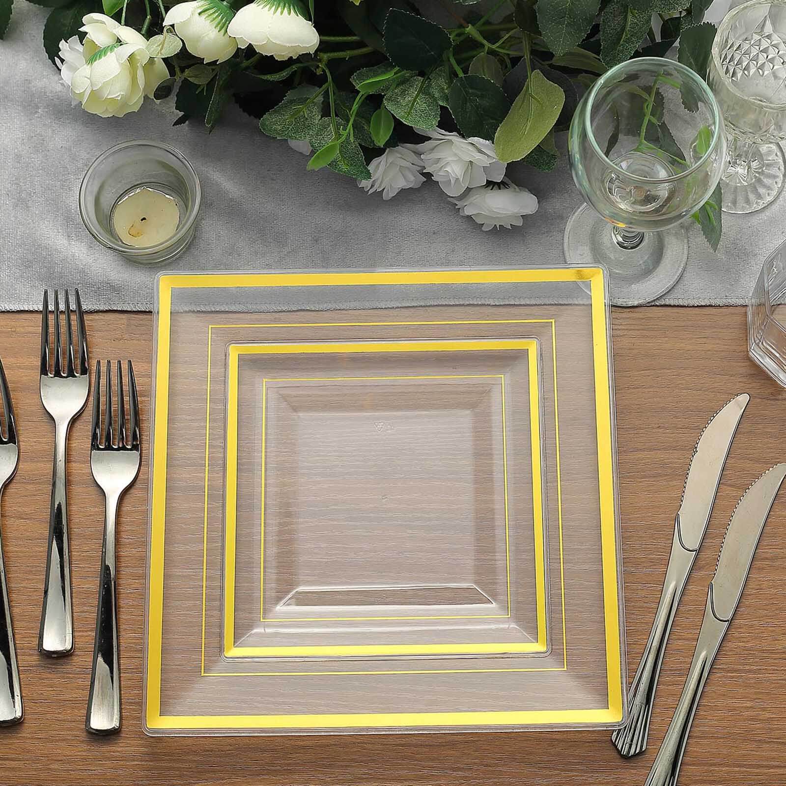 10-Pack Plastic Salad Dessert Plates Clear Square with Gold Trim - Durable Disposable Appetizer Plates 7"