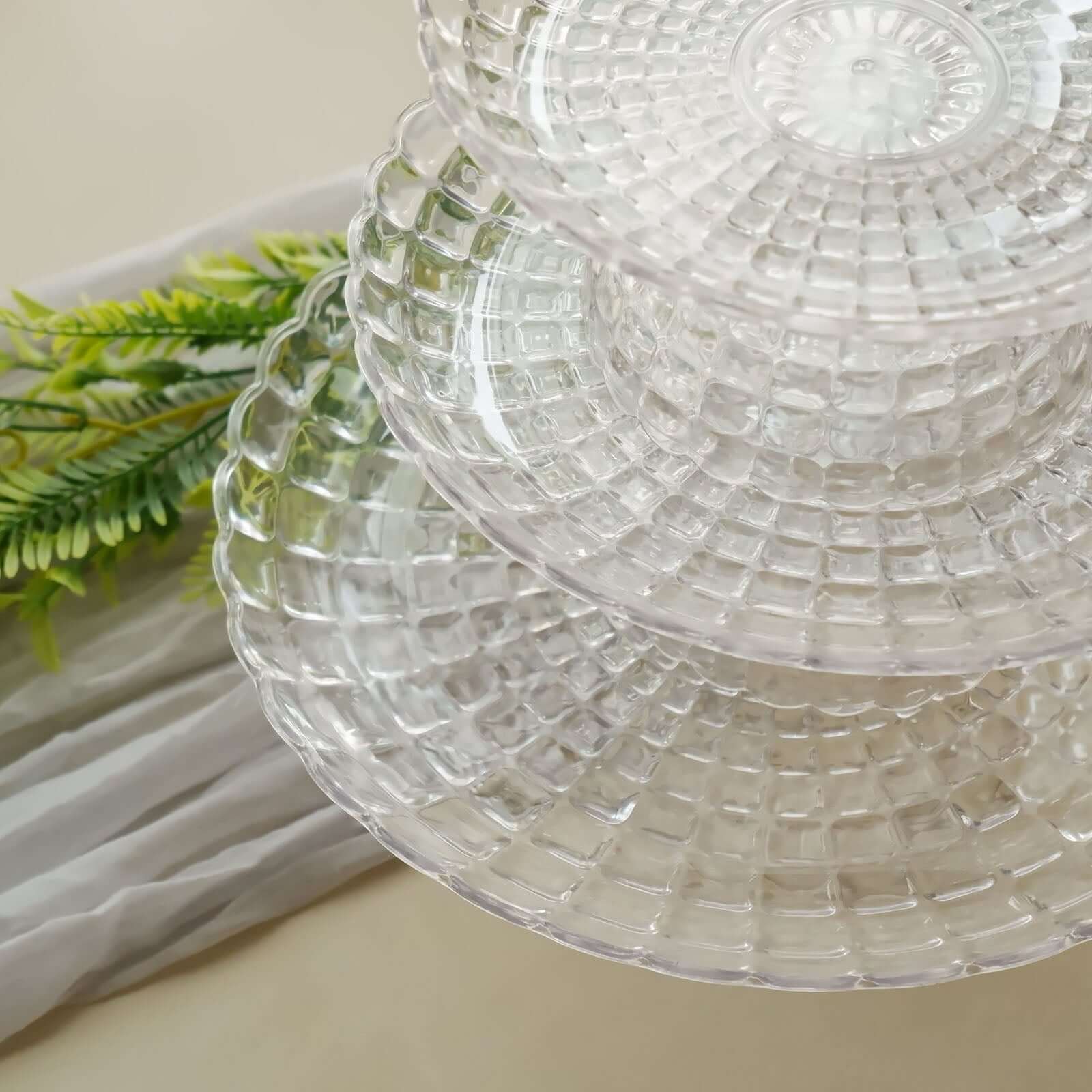 Set of 3 Plastic Cupcake Stands Clear Pressed Glass Pattern - Modern Stackable & Reusable Cake Dessert Pedestal Display Holders with Scalloped Edges 8", 10", 12"