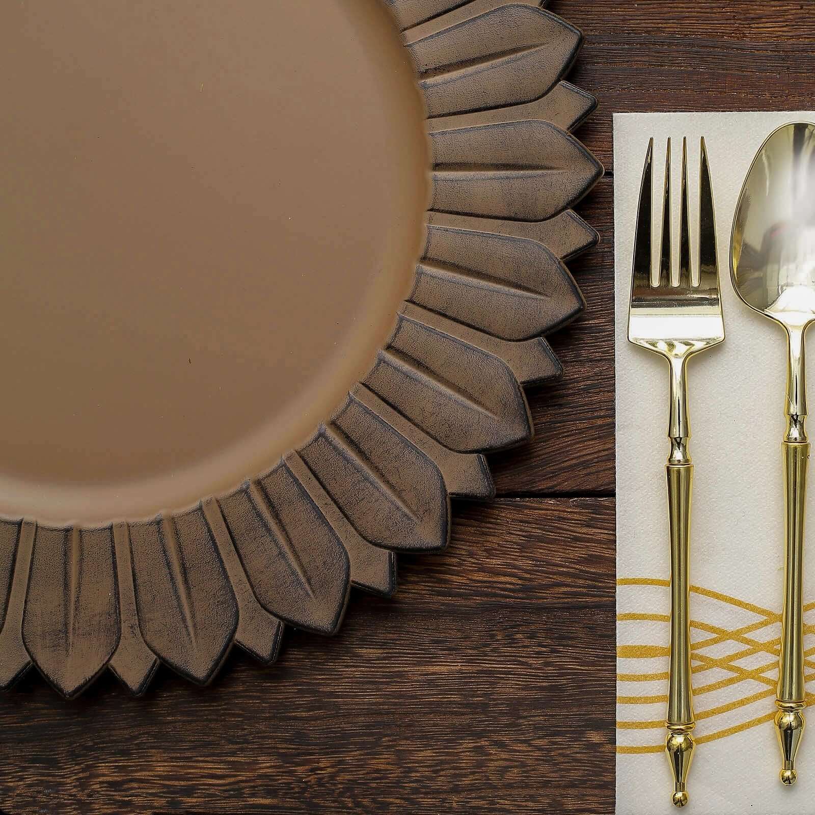 6-Pack Plastic Round Charger Plates 13" in Natural with Sunflower Rim, Matte Finish Disposable Dinner Charger Tableware