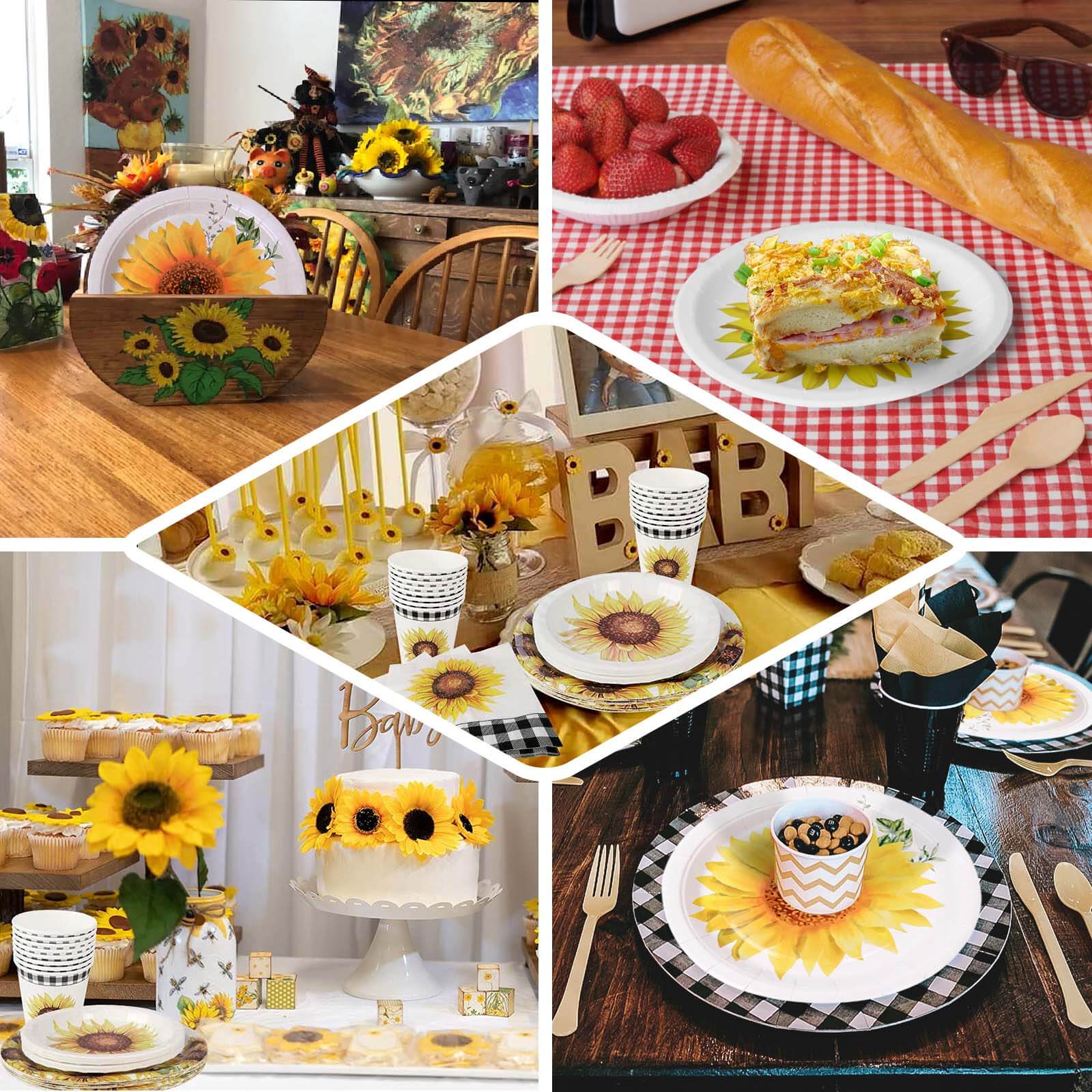 25-Pack Paper 9" Round Dinner Plates in White with Sunflower Design - Disposable Party Plates for Rustic Events & Garden Themes