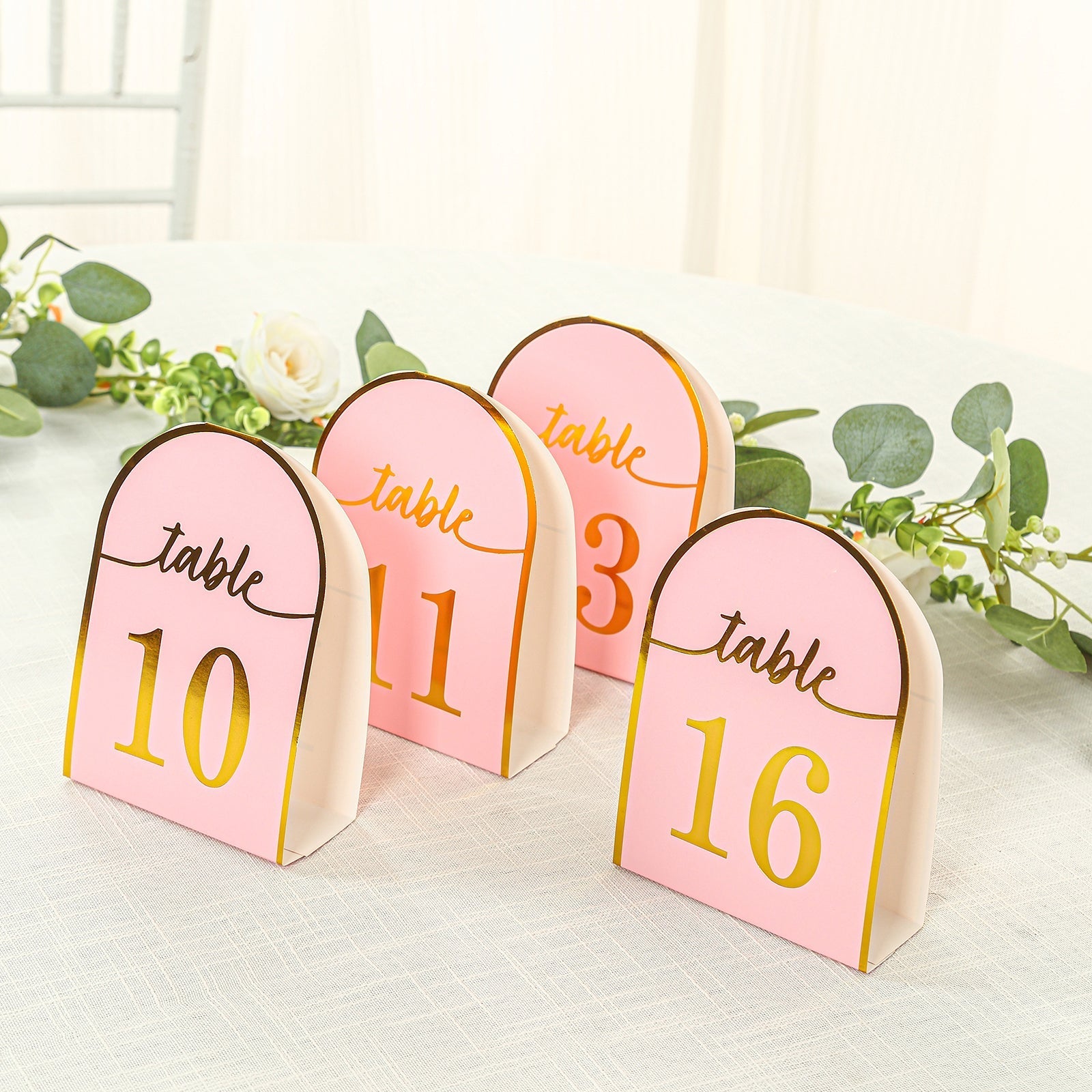 25-Pack Paper Wedding Table Numbers 1-25 Blush Arch Cutout Design - Sleek & Modern Free Standing Double Sided Table Tent Cards with Metallic Gold Foil Numbers 7"