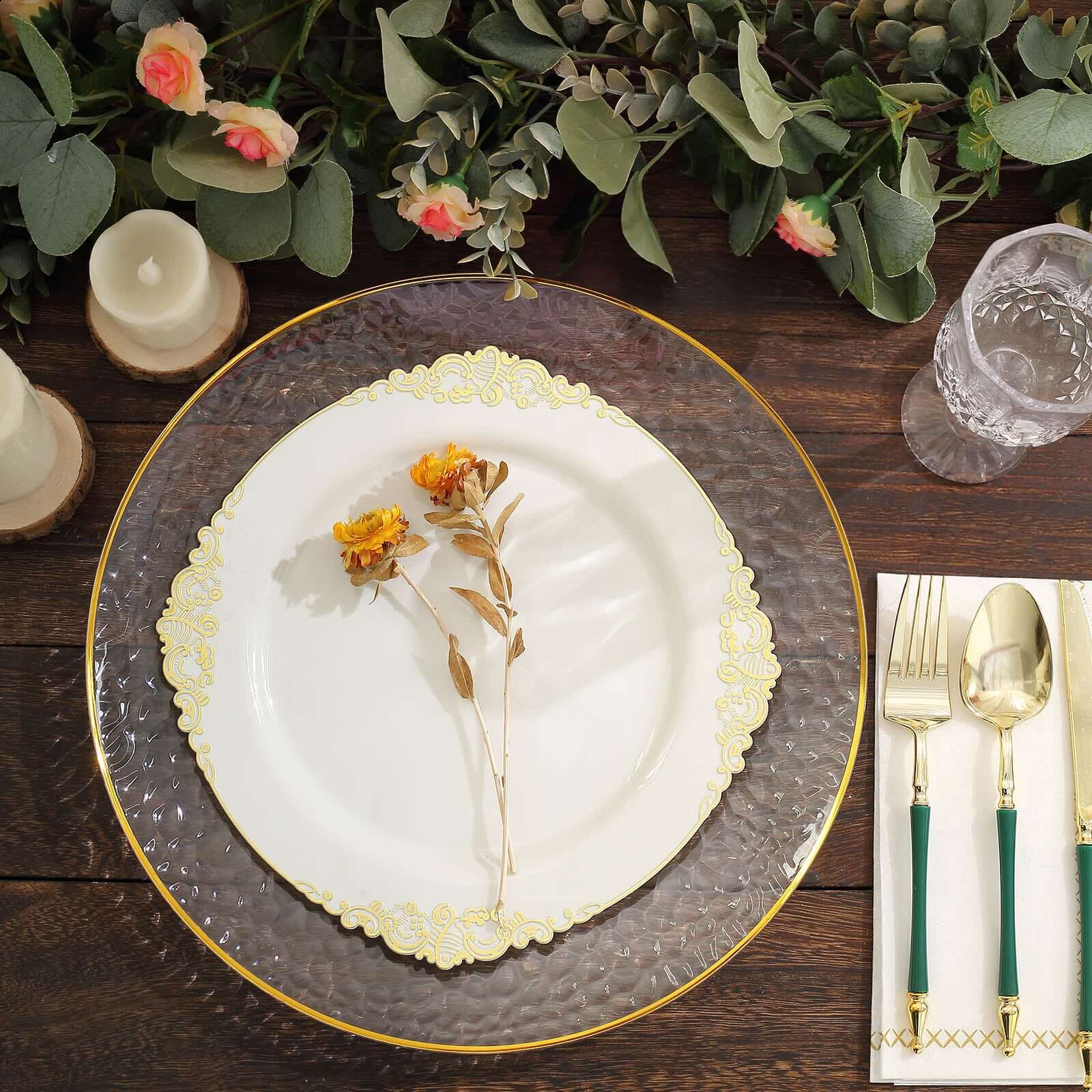 6-Pack Economy Plastic Round Charger Plates 13" in Clear Hammered Design with Gold Rim, Decorative Dinner Party Serving Plates