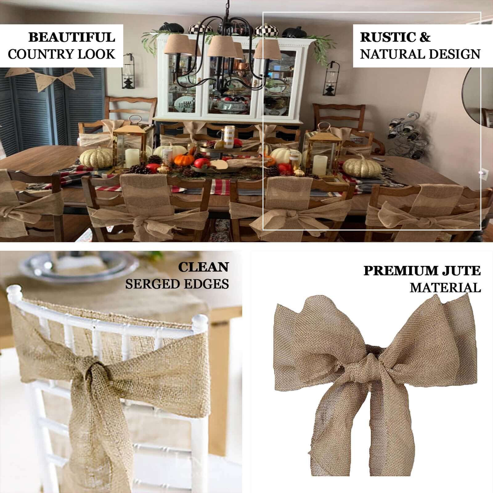 Burlap Chair Sash Natural 6"x108" Rustic Jute - Premium Design for Weddings & Gatherings