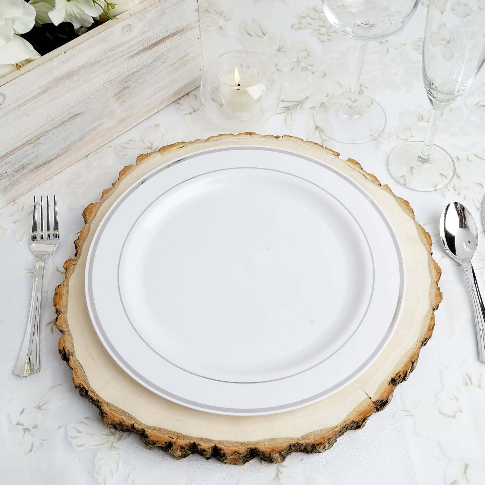 10-Pack Plastic Dinner Plates White with Très Chic Silver Rim - Perfect Disposable Party Plates 10"