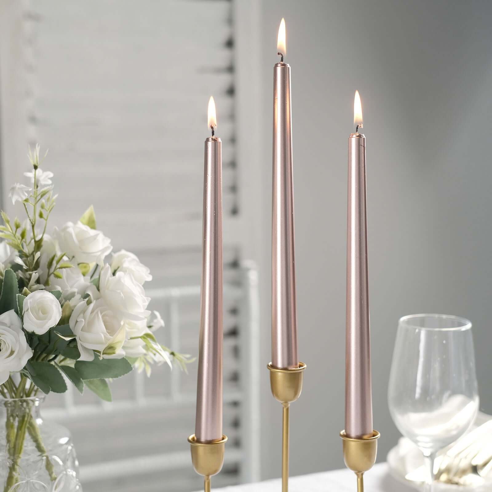 12-Pack Taper Candles Premium Wax Design Metallic Rose Gold - Unscented Candles for Upscale Settings 10"