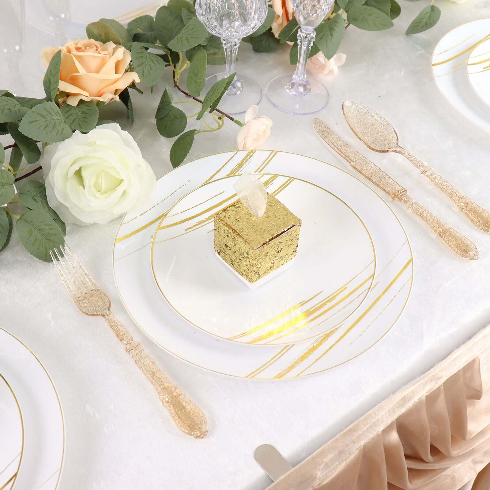 24-Pack Plastic Utensil Set Clear with Gold Glitter - Heavy Duty Disposable Silverware for Events