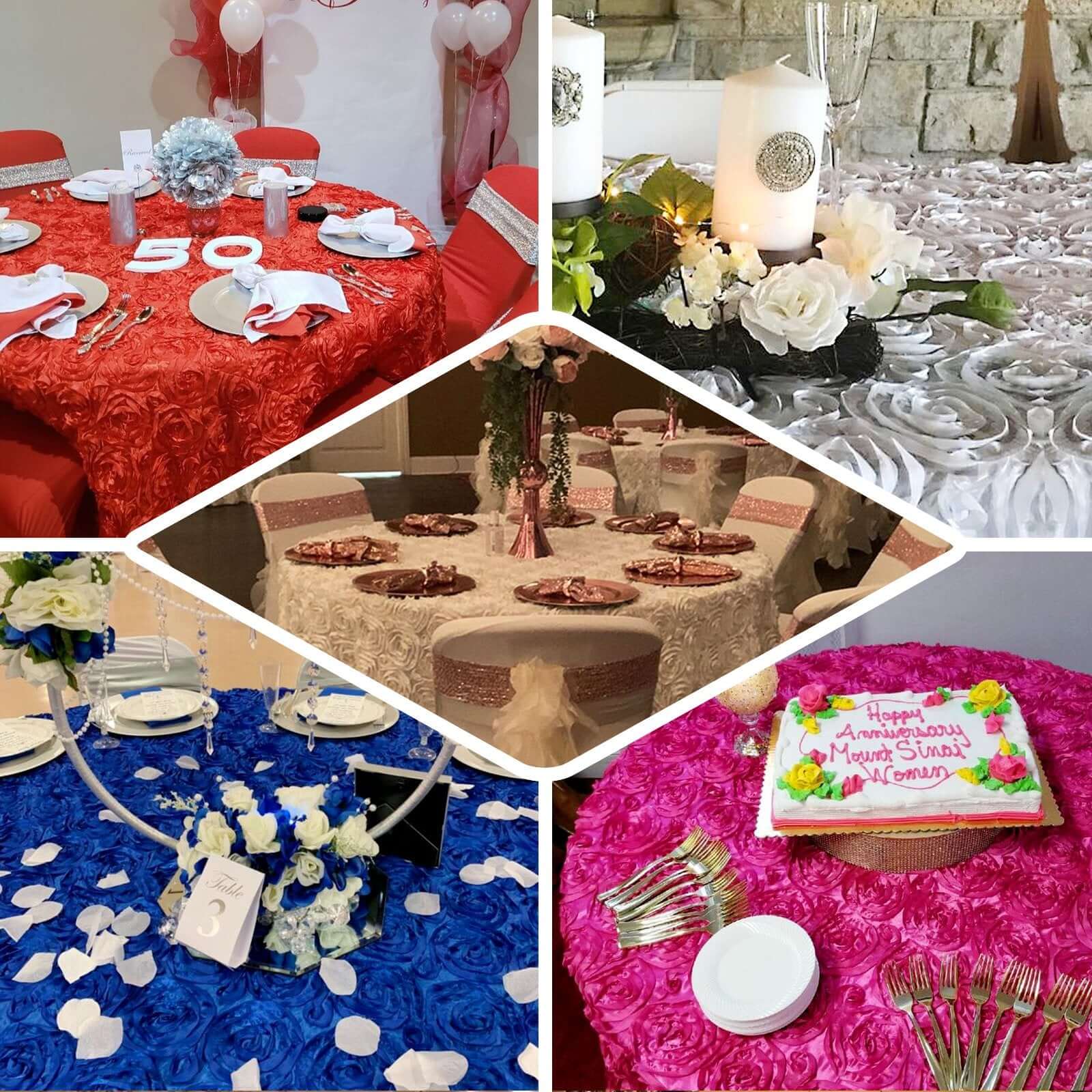 Satin 120" Round Tablecloth Red - Grandiose 3D Rosette with Seamless Finish Table Cover