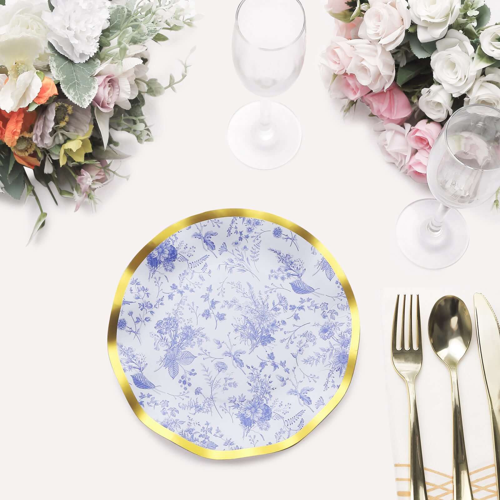 25-Pack Paper Round Dessert Plates 8" in White with Blue French Toile Pattern & Gold Wavy Rim - Disposable 350GSM Salad Plates