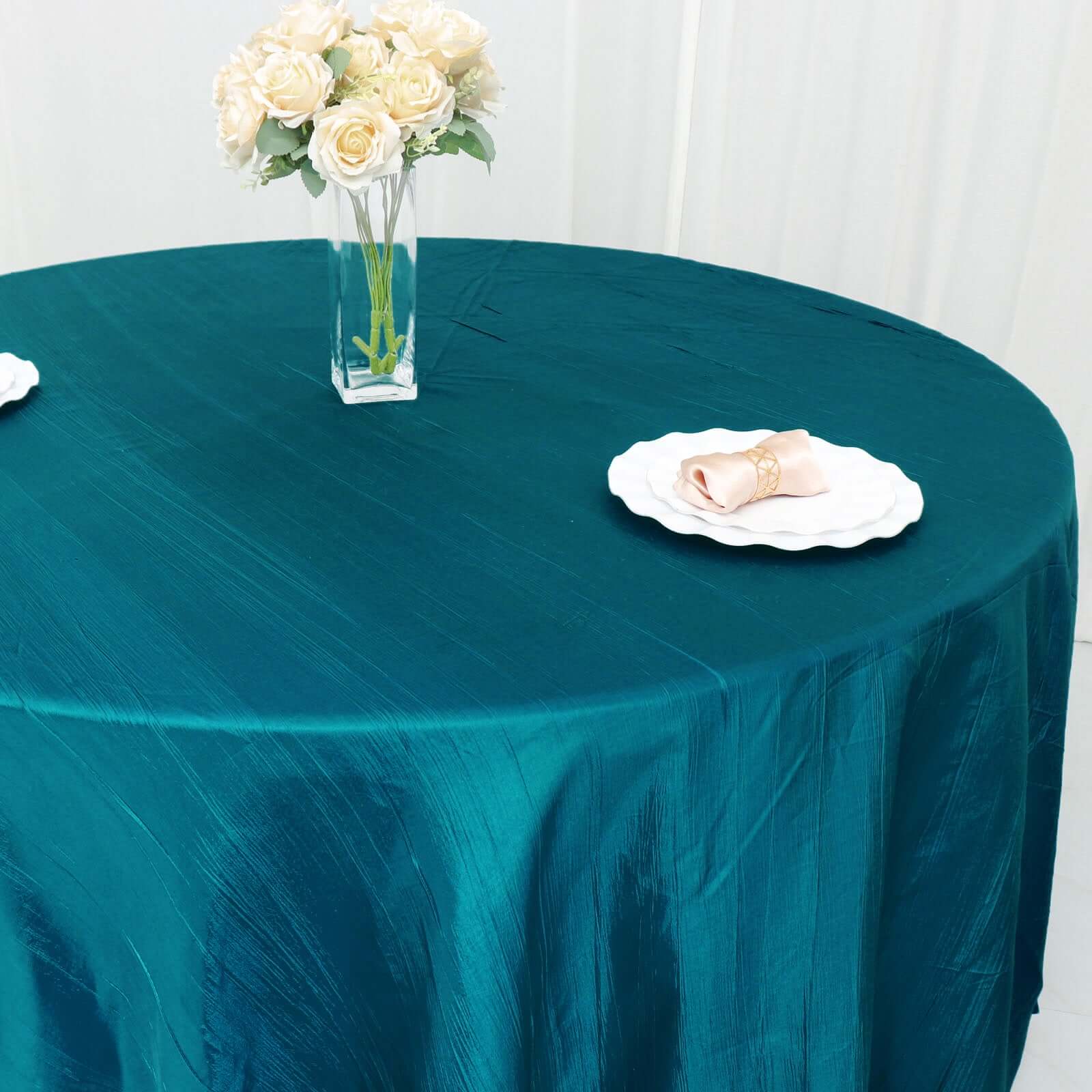 Taffeta 120" Round Tablecloth Peacock Teal - Seamless Accordion Crinkle Table Cover