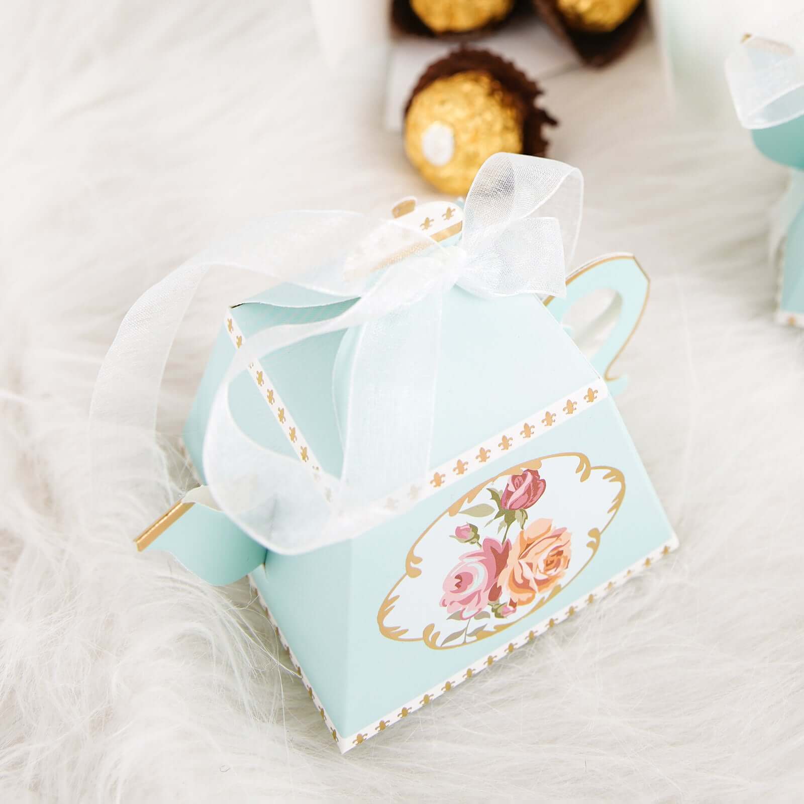 25 Pack 4" Light Turquoise Mini Teapot Favor Boxes, Vintage Rose Gift Boxes with Ribbons