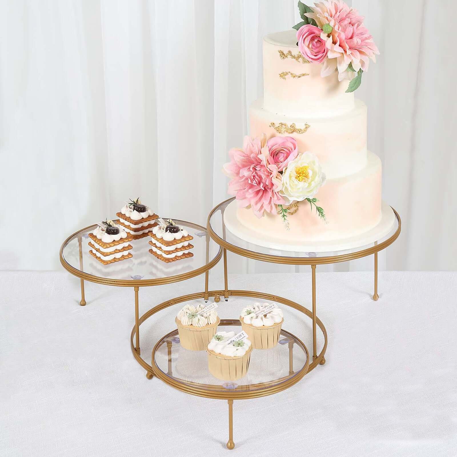 3-Tier Metal Cupcake Stand with Clear Round Acrylic Plates Gold - Dessert Cake Display Holder 23"