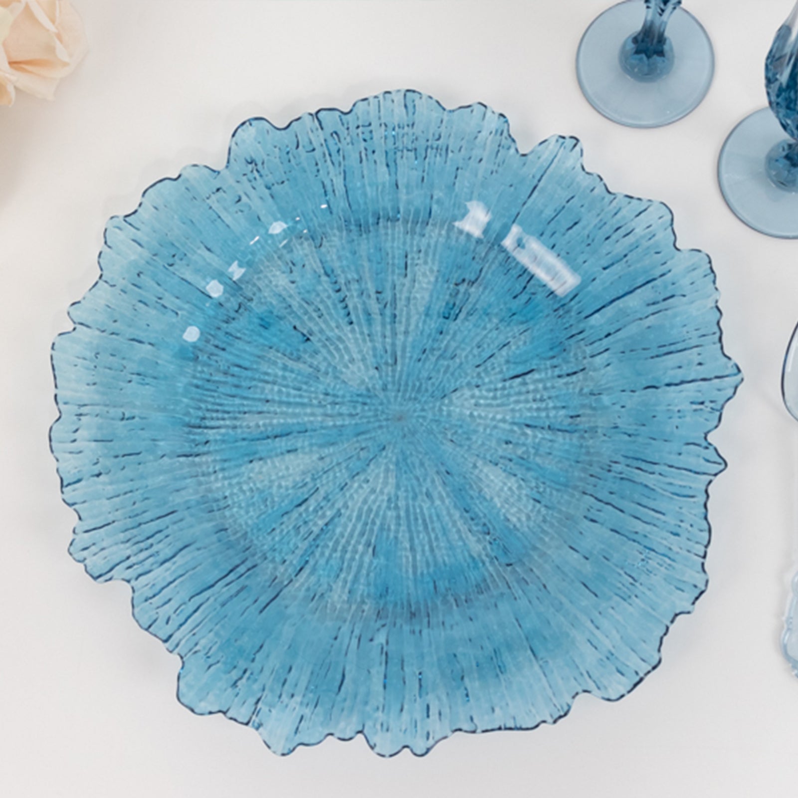 6-Pack Acrylic Plastic Round Charger Plates 13" in Transparent Dusty Blue with Reef Design, Dinner Charger Tableware