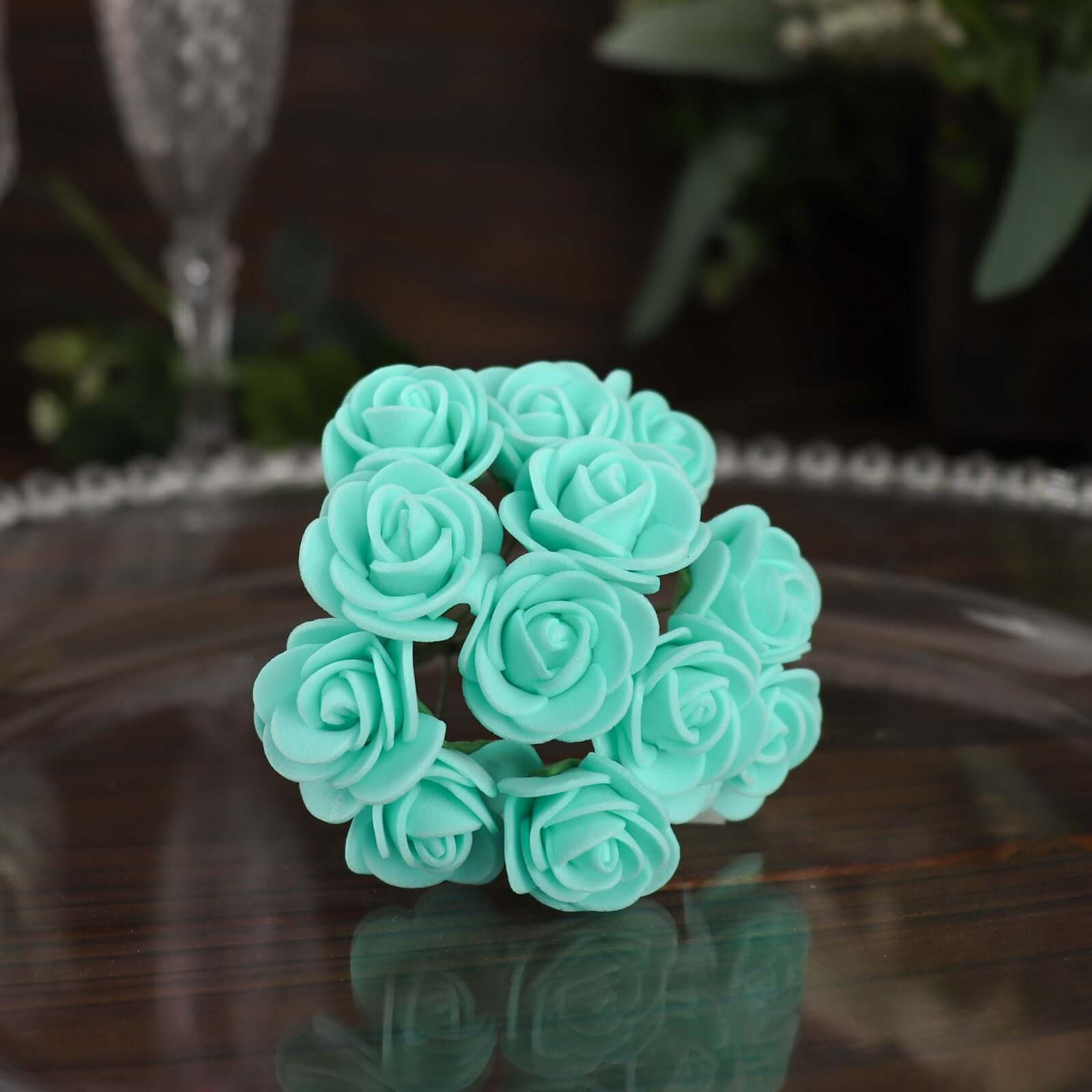 48 Roses 1" Turquoise Real Touch Artificial DIY Foam Rose Flowers With Stem, Craft Rose Buds