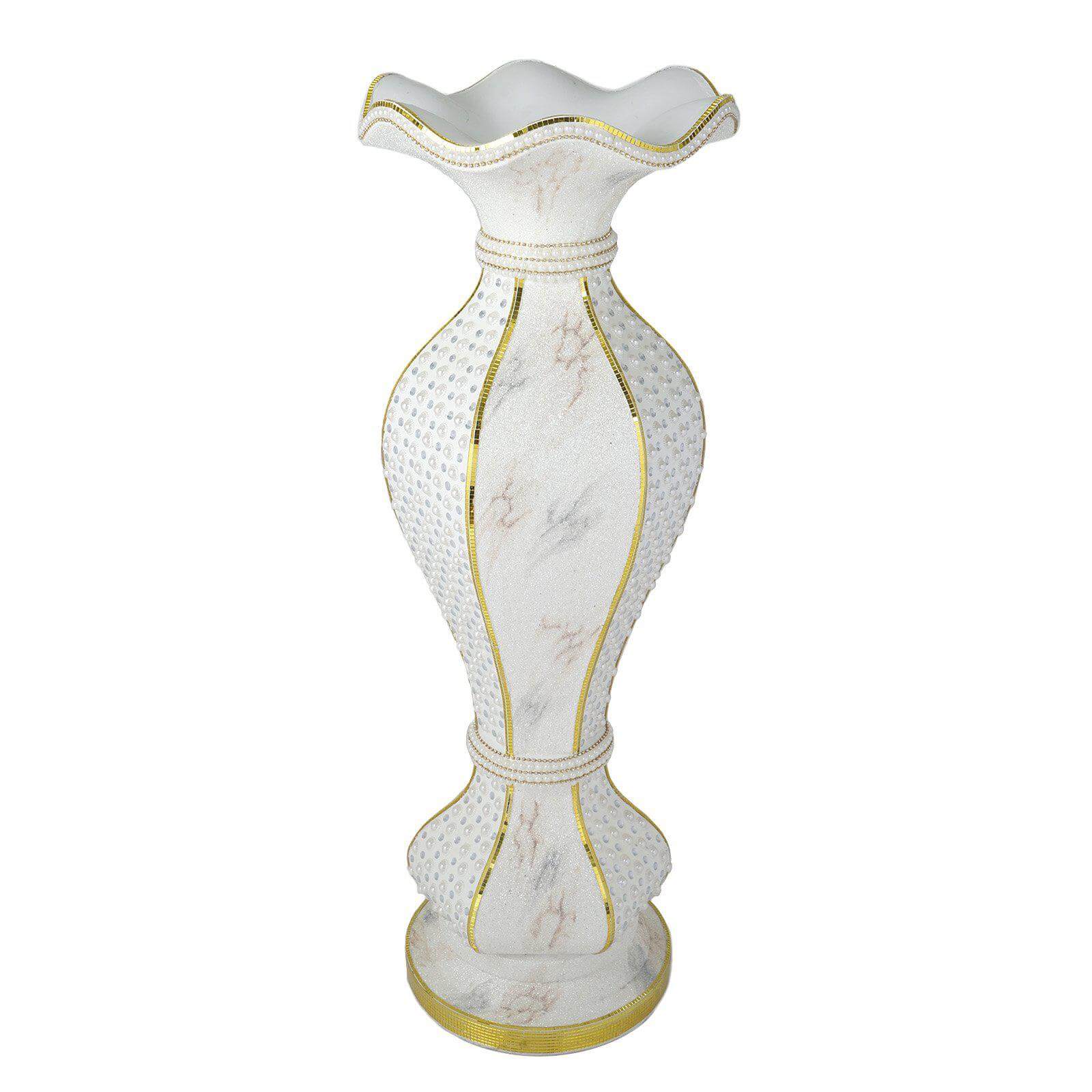 40" Shimmering Gold Glittered Marble Design Flower Pot Vase With Pearls and Mirror Mosaic Embellishment
