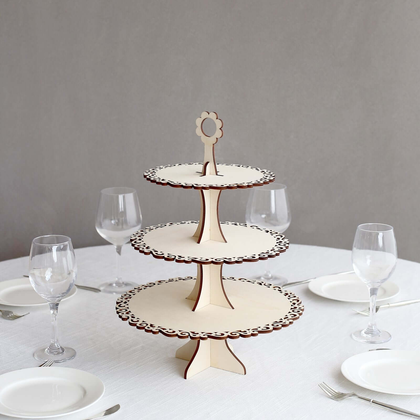 3-Tier Wooden Cupcake Stand Floral Edge Design Natural - Rustic Round Dessert Display Table Centerpiece 16"